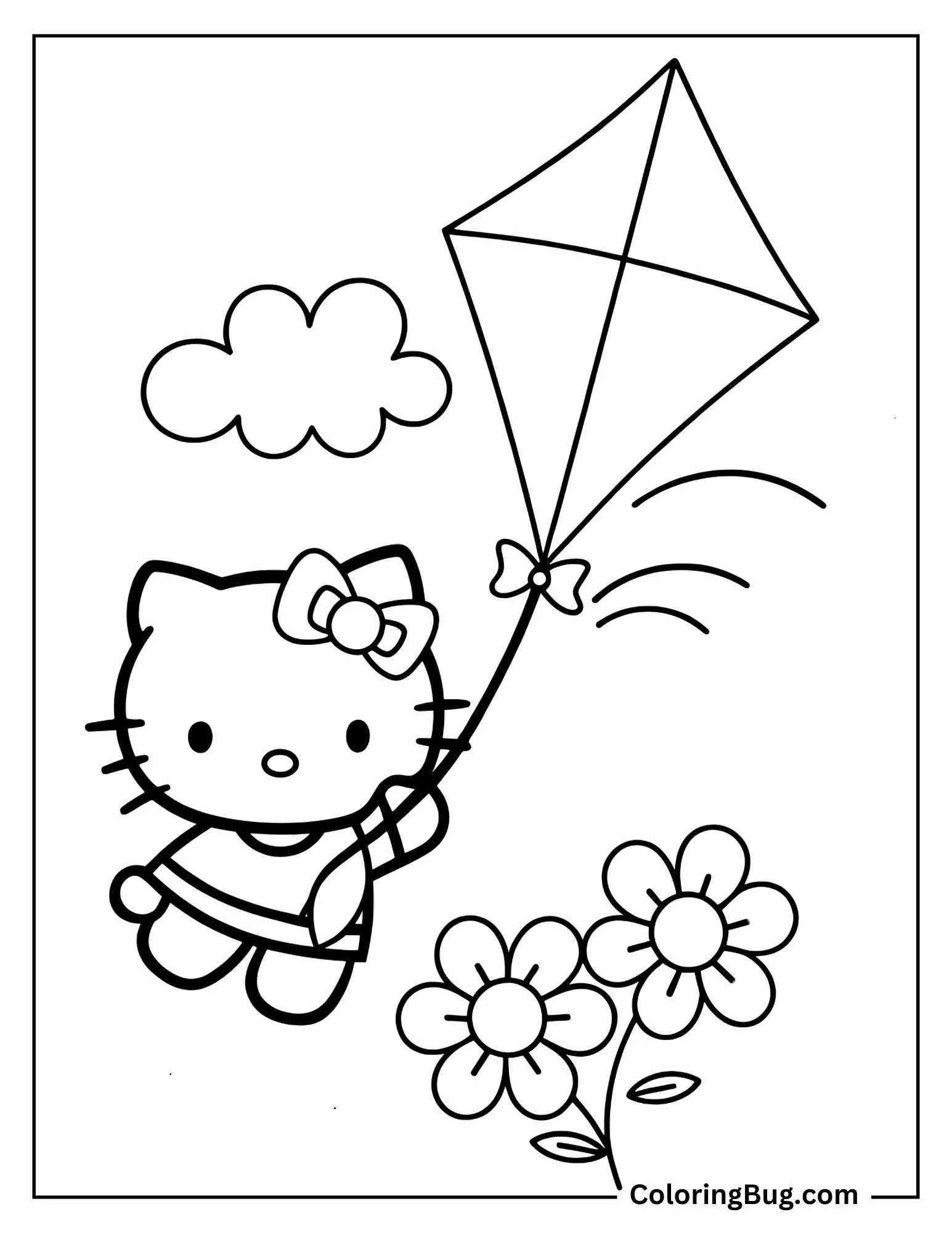 Hello Kitty Flying a Kite on Windy Spring Day Coloring Sheet