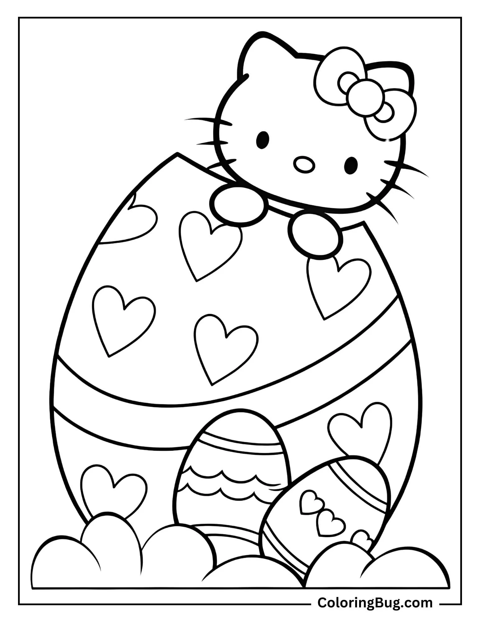 Hello Kitty Hiding Behind Giant Easter Egg with Hearts Coloring Page