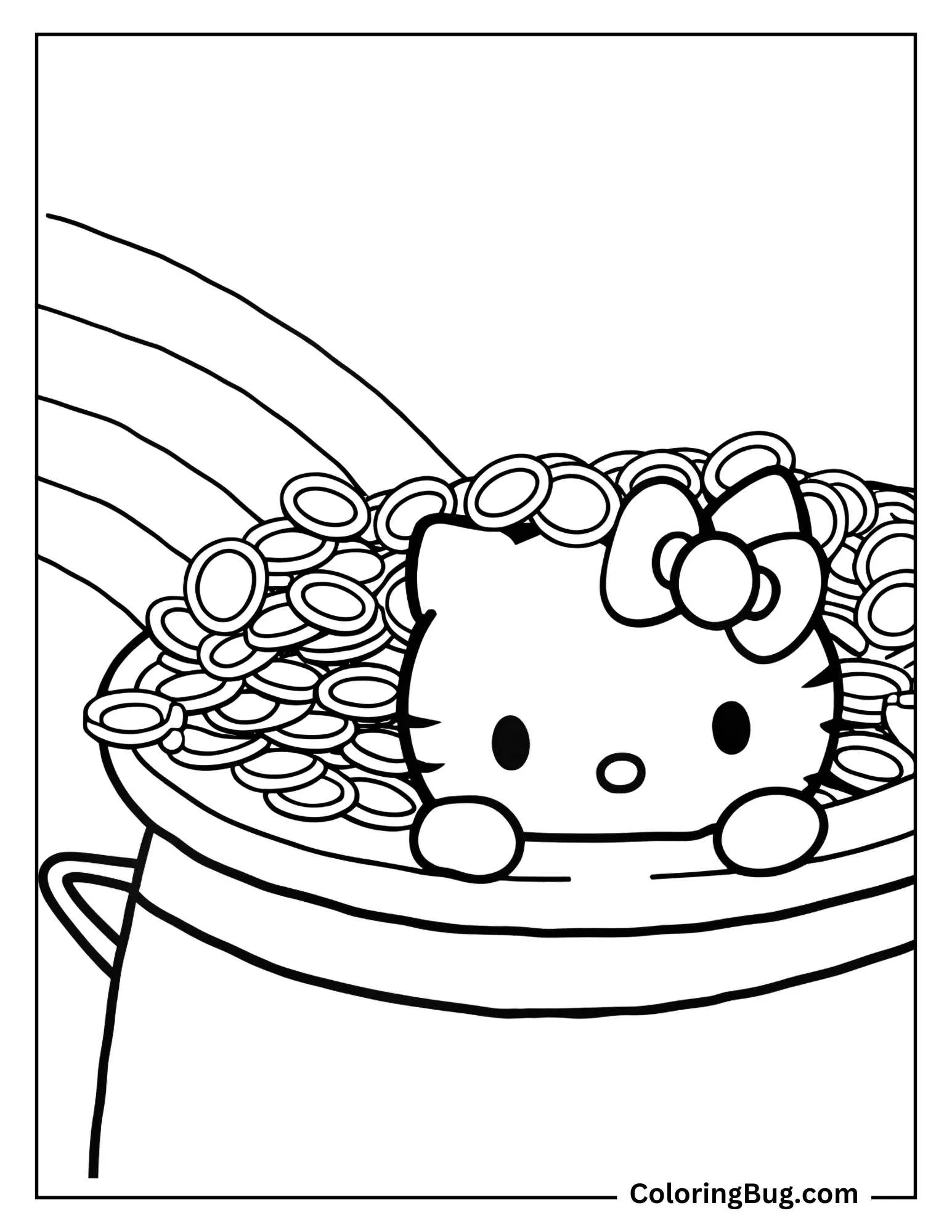 Hello Kitty Hiding In Pot Of Gold Coins Coloring sheet