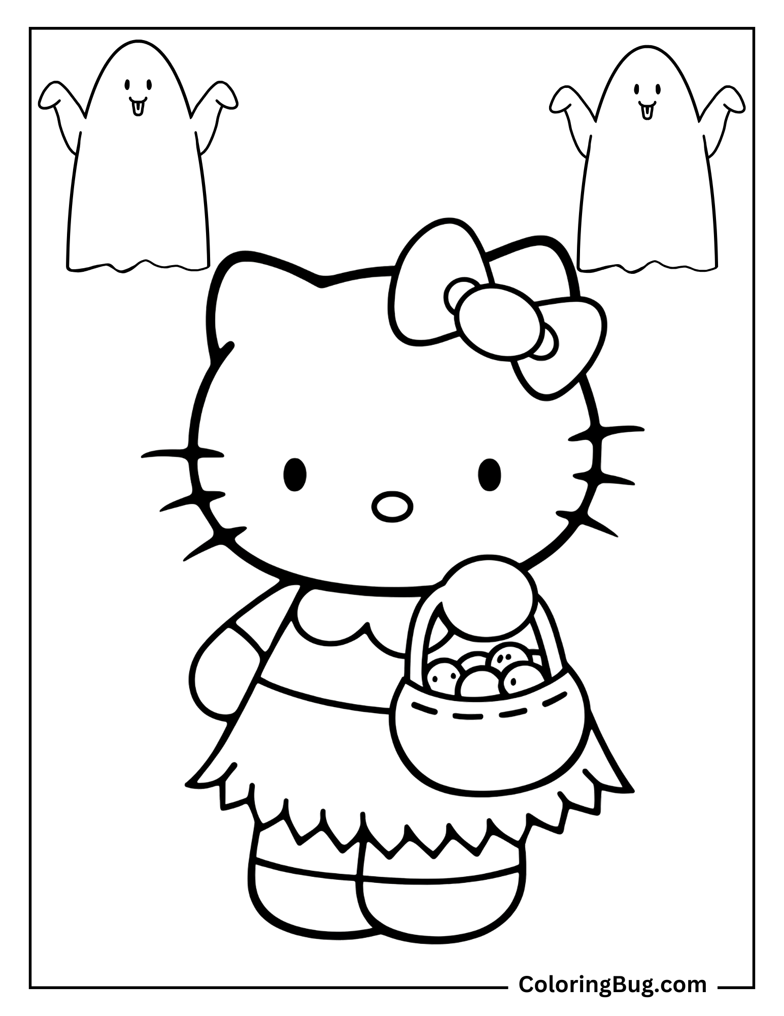 Hello Kitty Holding Bag With Candies With Cute Friends Ghosts Coloring Sheet