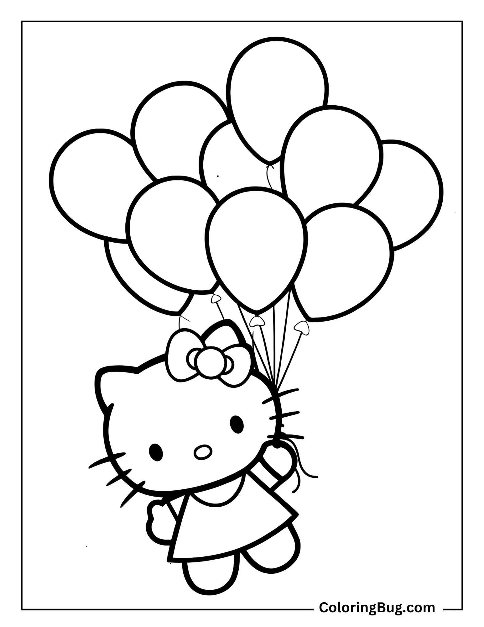 Hello Kitty Holding Bouquet Of Balloons Coloring Sheet