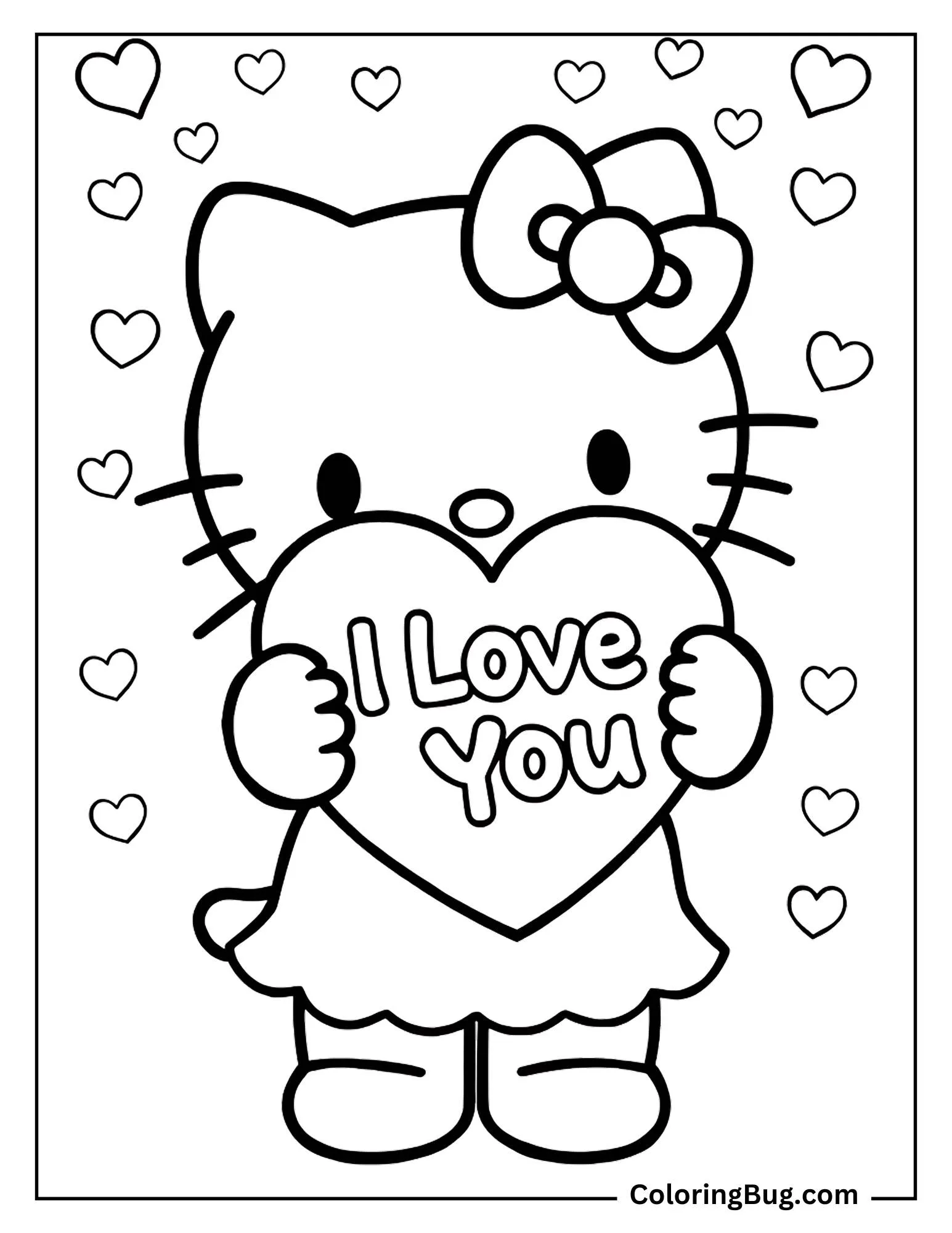 Hello Kitty Holding Heart With I Love You Coloring Sheet