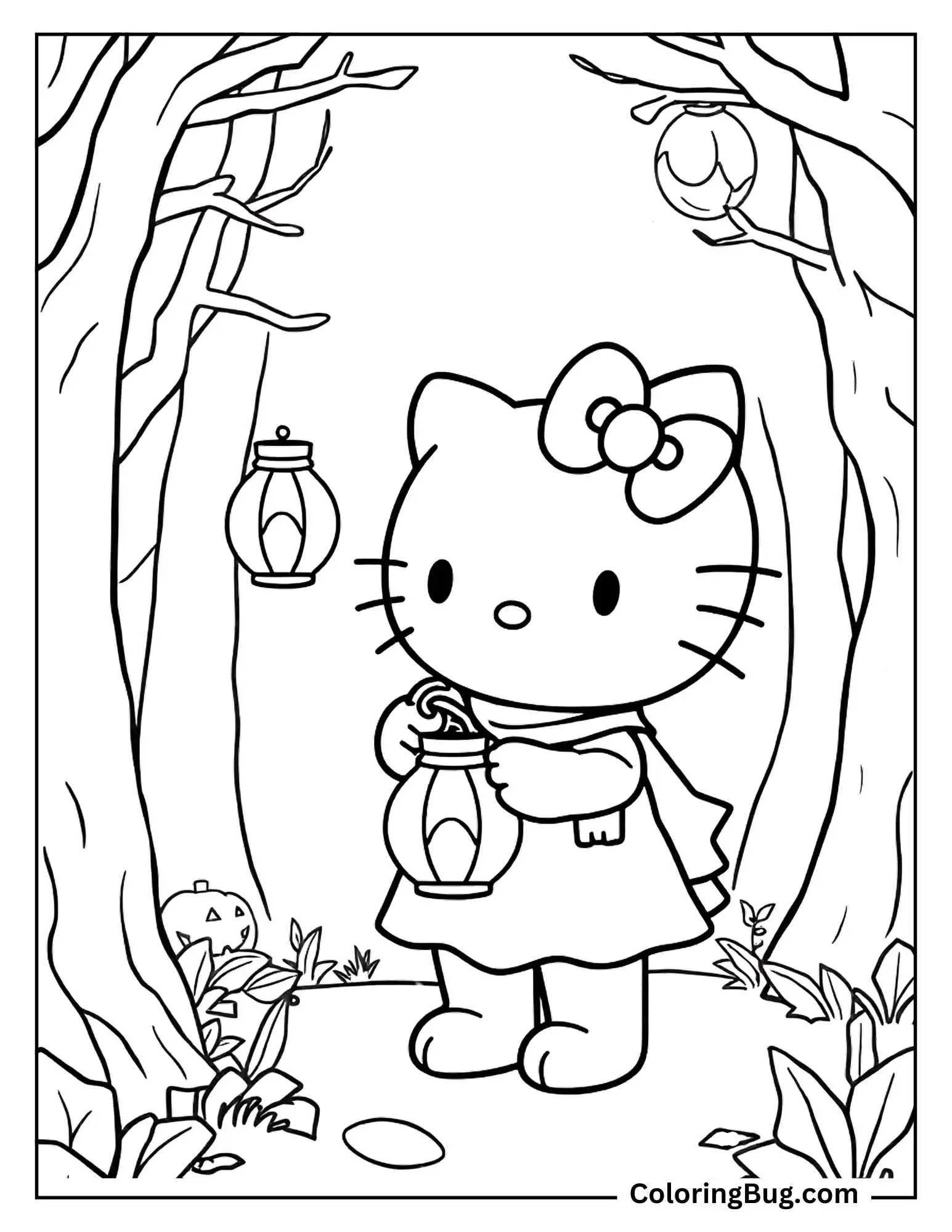 Hello Kitty Holding Lantern In Spooky Forest Coloring Sheet
