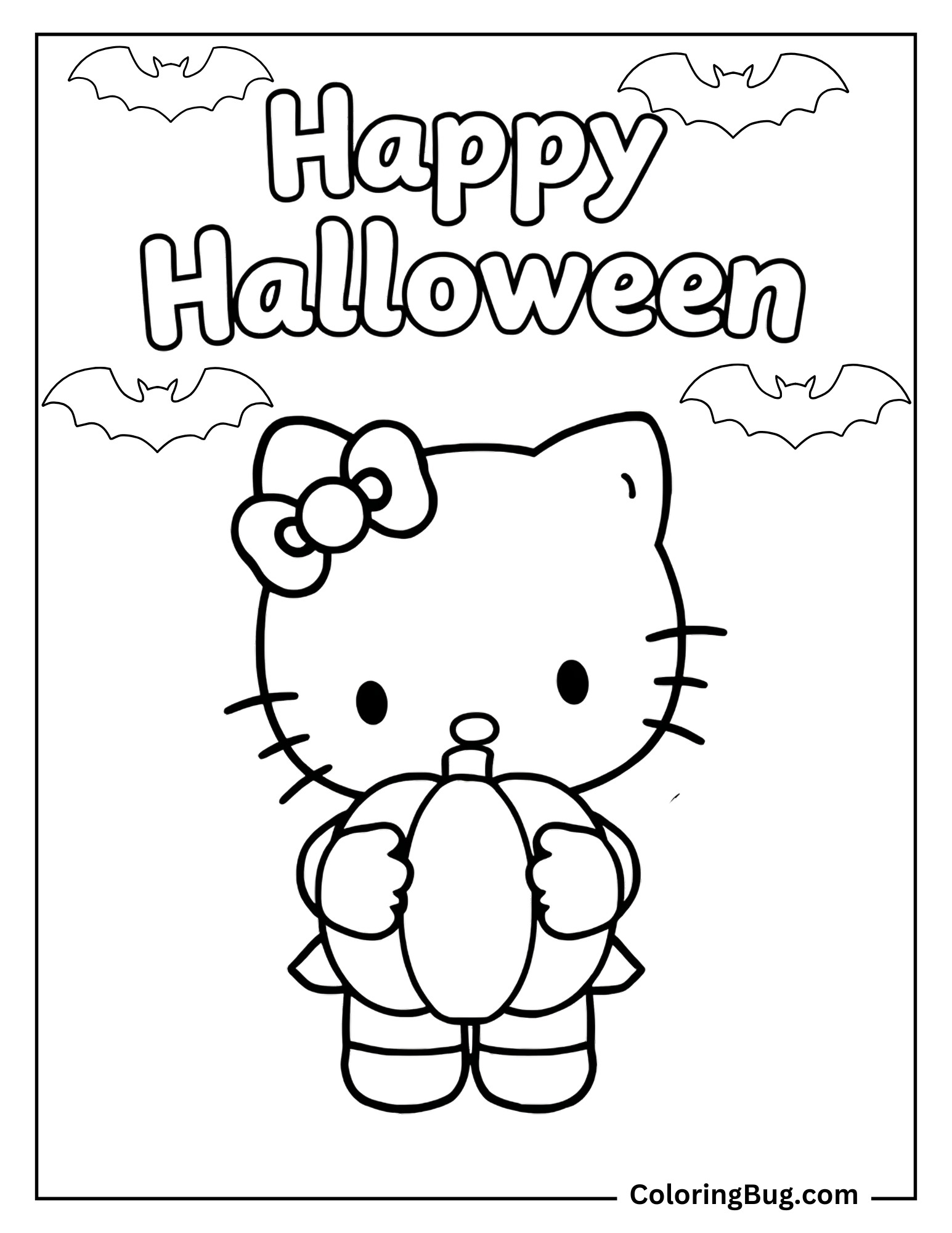 Hello Kitty Holding Pumpkin With Happy Halloween Text Coloring Sheet