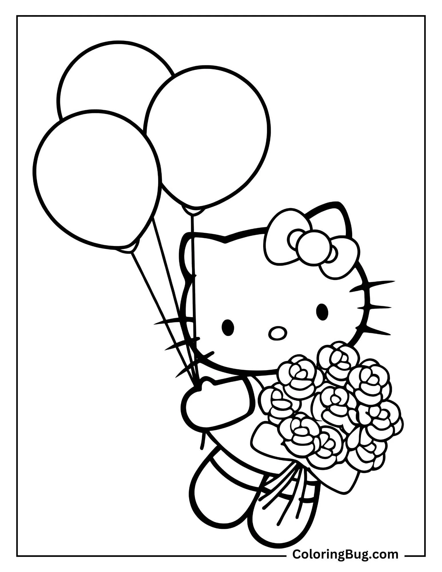 Hello Kitty Holding Roses And Balloons Coloring sheet