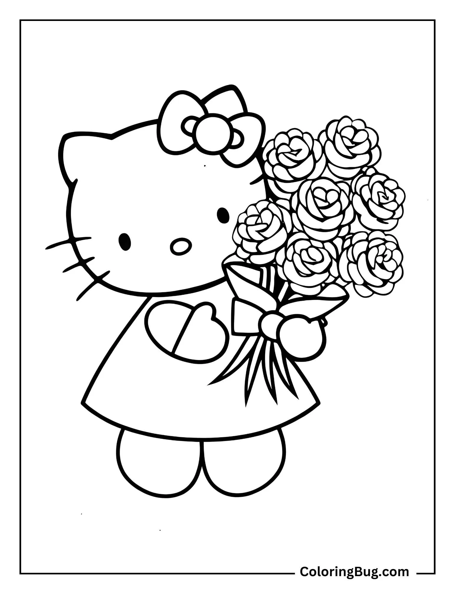 Hello Kitty Holding Roses Bouquet Coloring Sheet