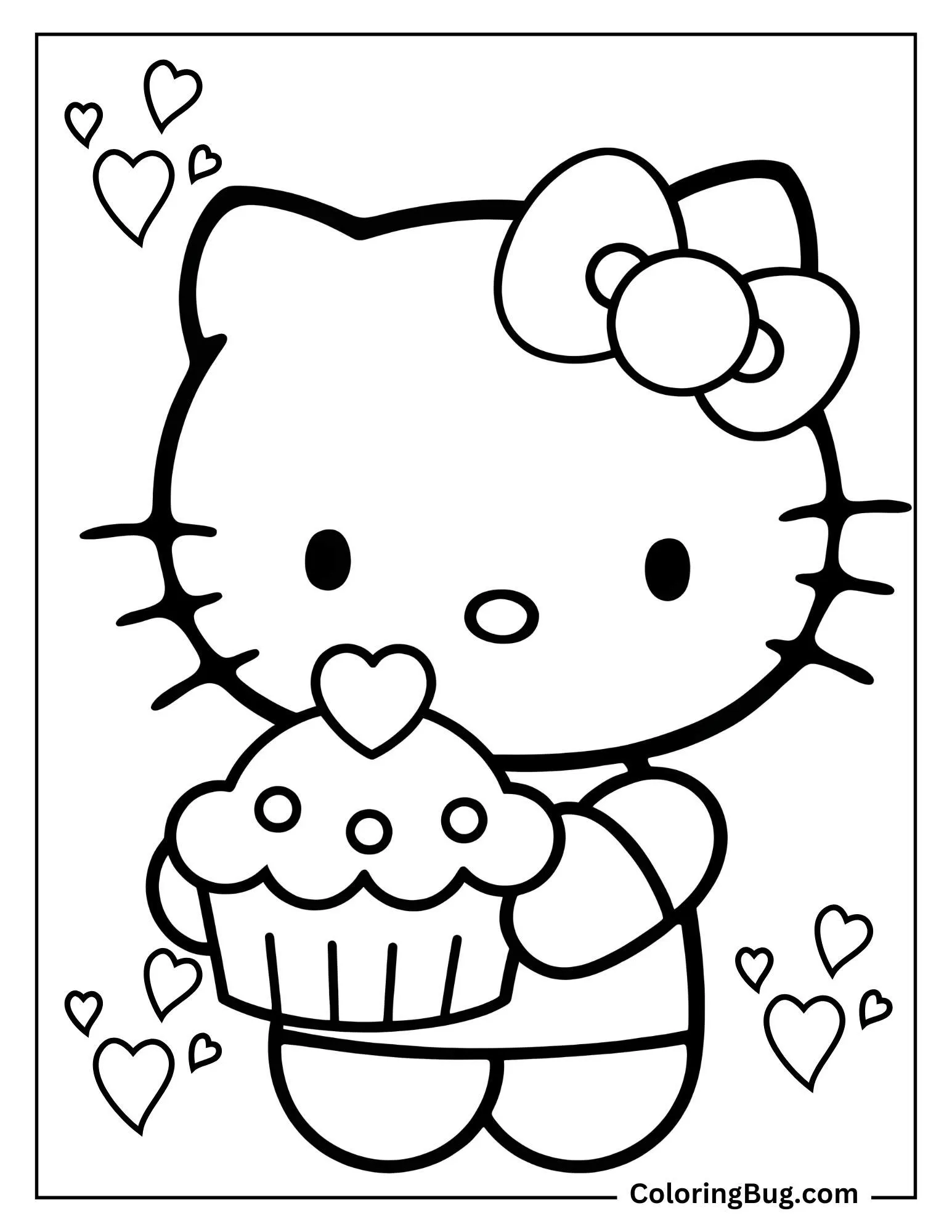 Hello Kitty Holding Valentine Cup Cake Coloring Sheet