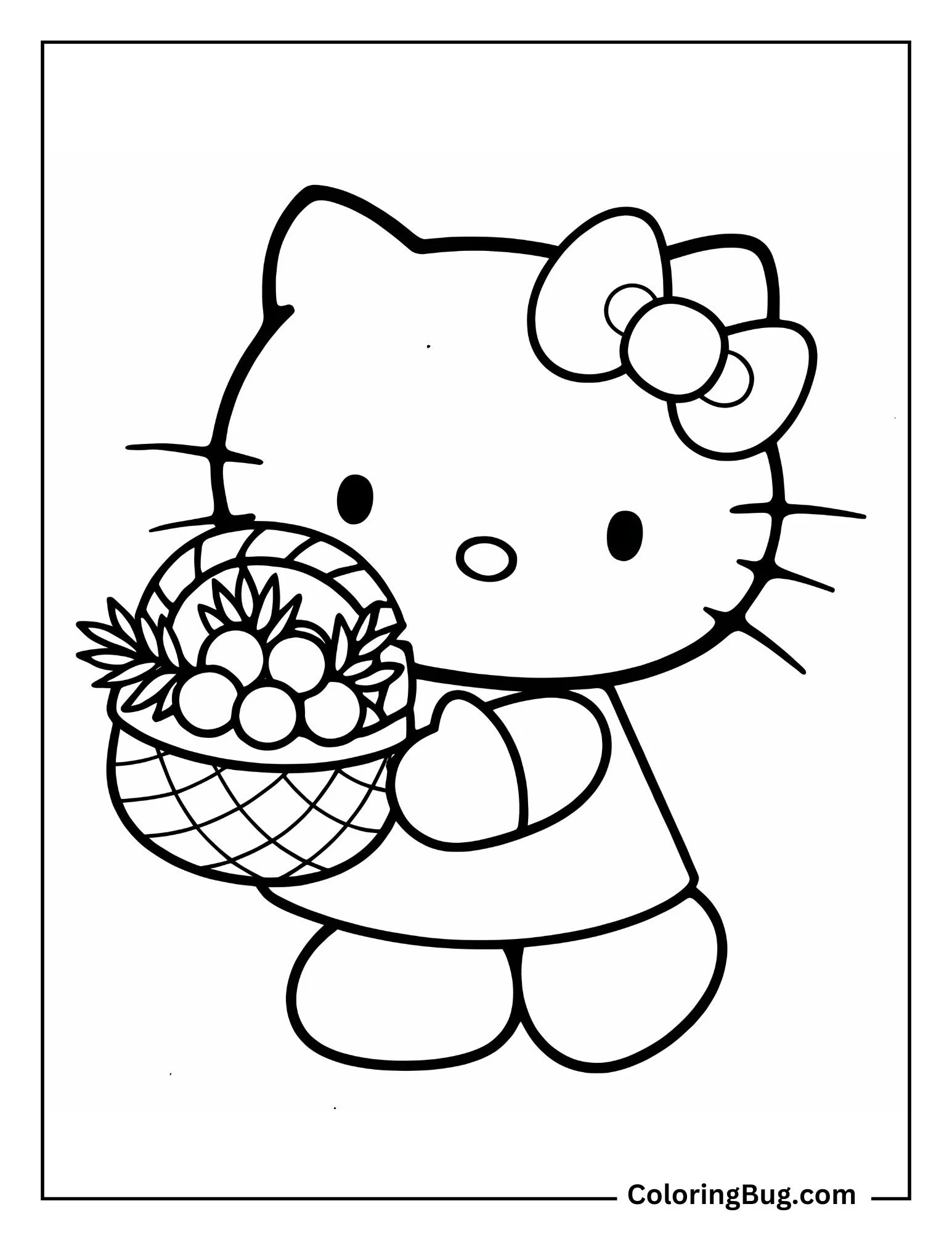 Hello Kitty Holding a Basket Full Of Winter Berries Coloring Sheet