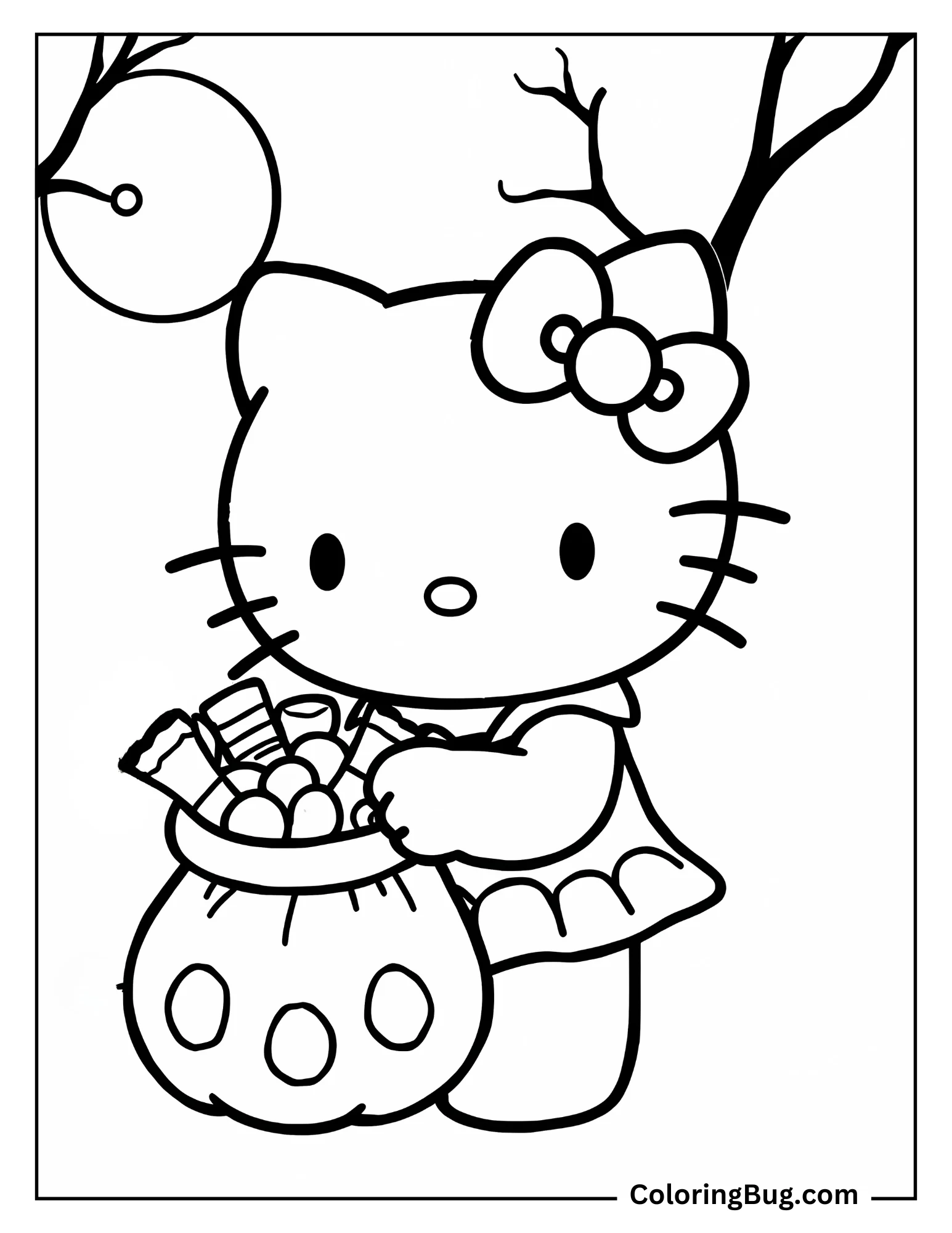 Hello Kitty Holding a Trick-Or-Treat Bag Full of Candy Coloring Sheet