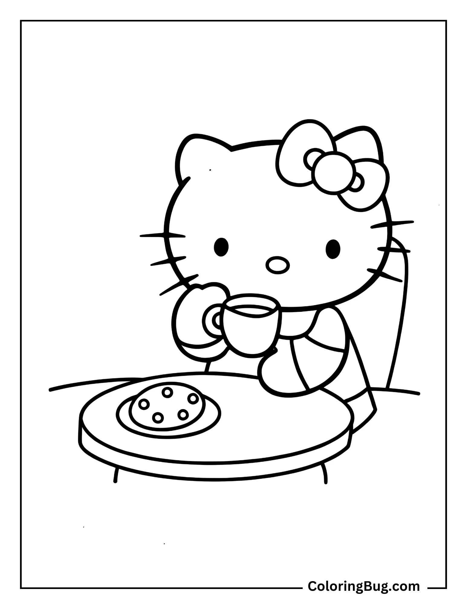 Hello Kitty In Cafe Drinking Hot Chocolate Coloring Sheet