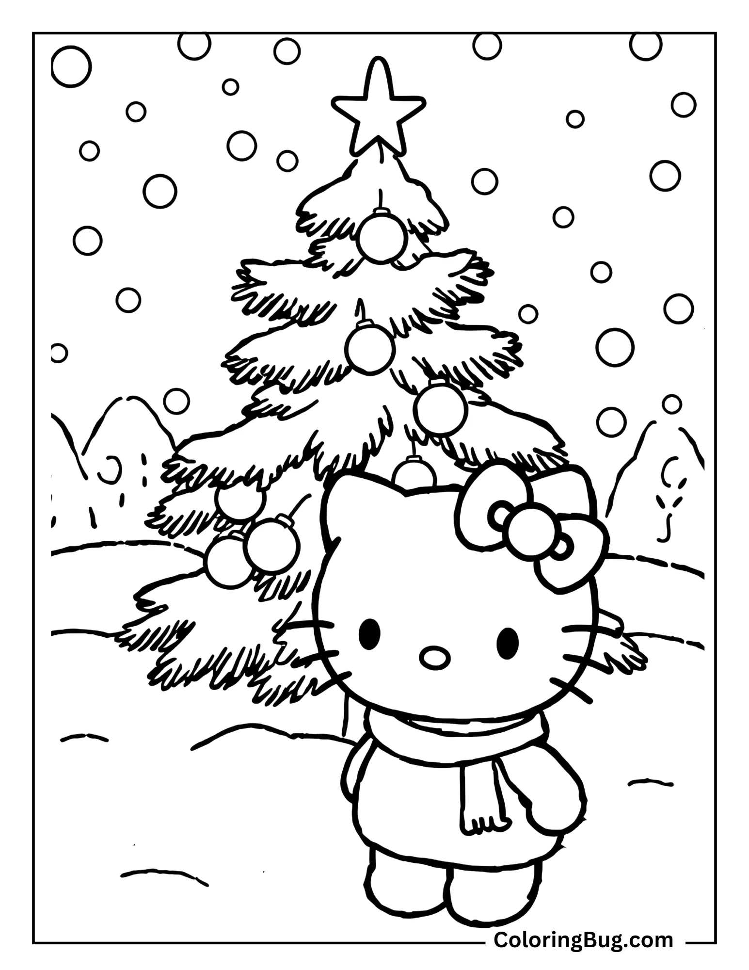 Hello Kitty In Front Of a Christmas Tree With Snowflakes Around Coloring Sheet