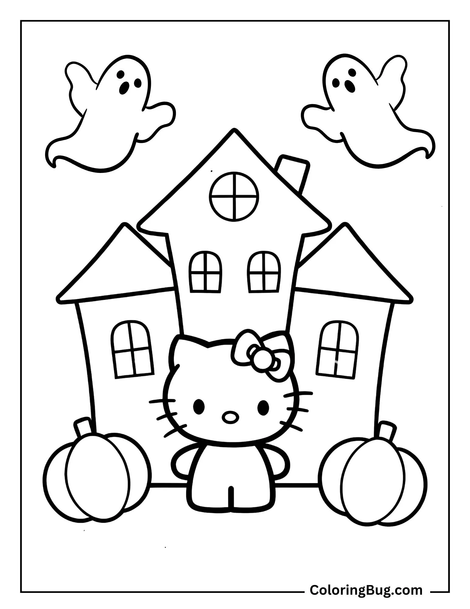 Hello Kitty In Front Of a Haunted House With Pumpkins And Ghosts Coloring Sheet
