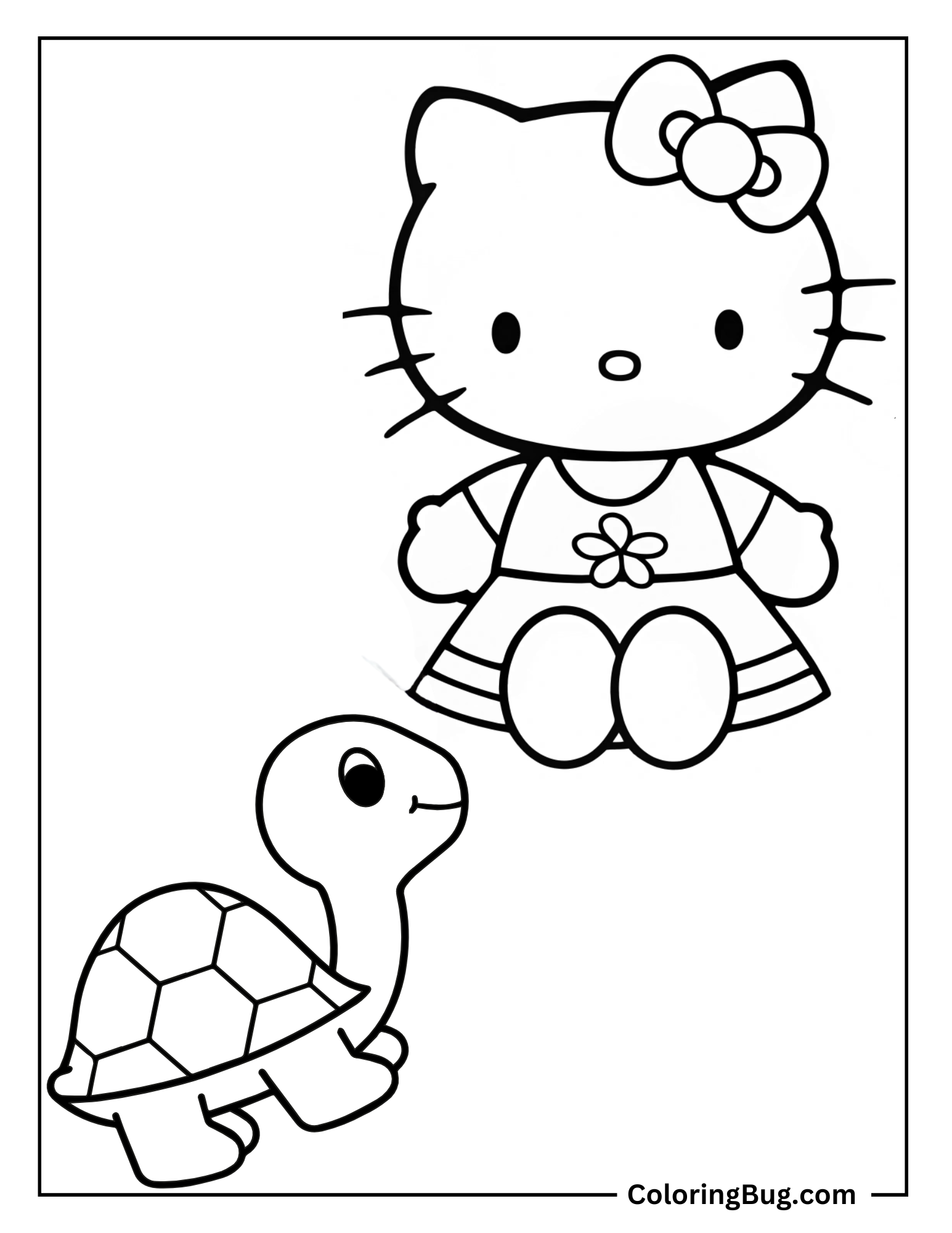 Hello Kitty Meets a Sweet Little Turtle Coloring Sheet