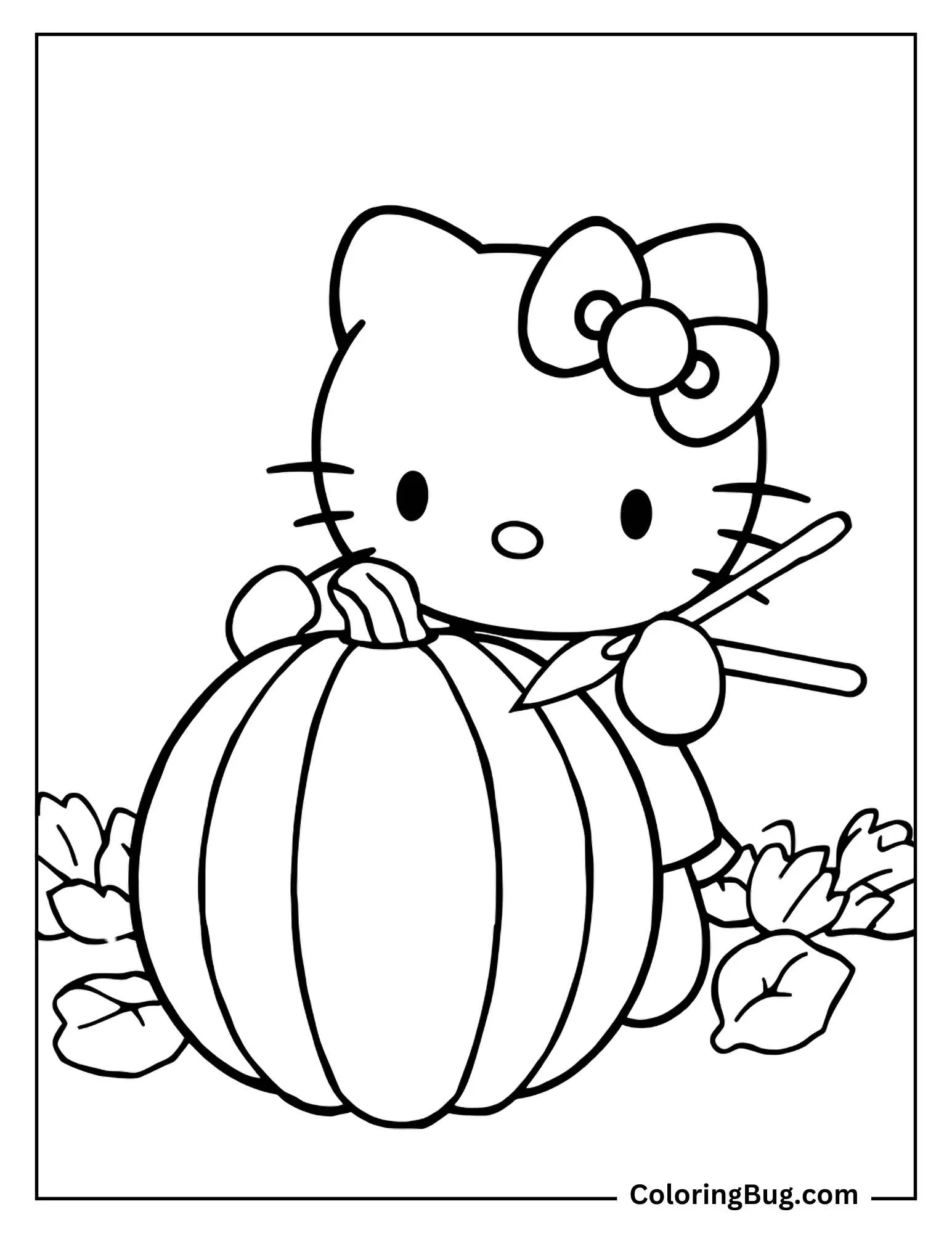 Hello Kitty Painting A Pumpkin For Halloween Coloring Sheet