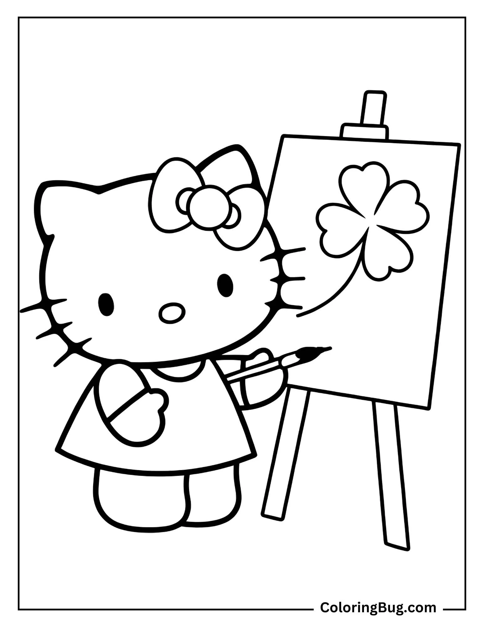 Hello Kitty Painting a Shamrock on Canvas Coloring sheet