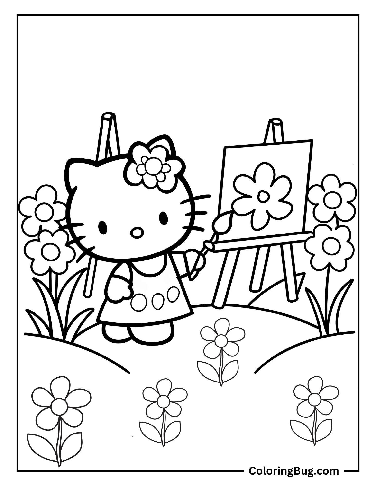 Hello Kitty Painting in Garden Coloring Sheet