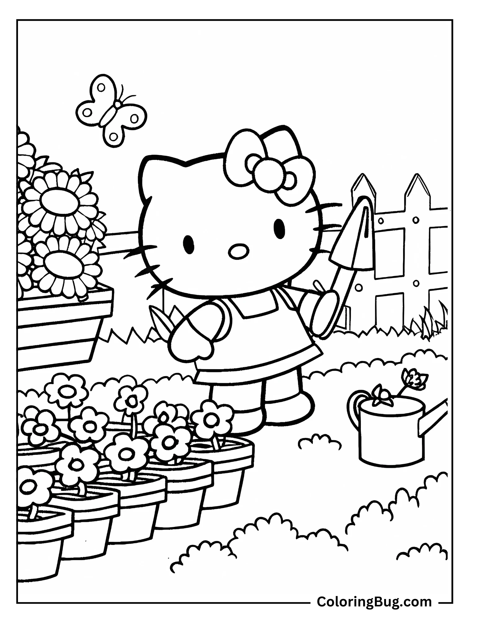Hello Kitty Planting Plants in Spring Coloring Sheet