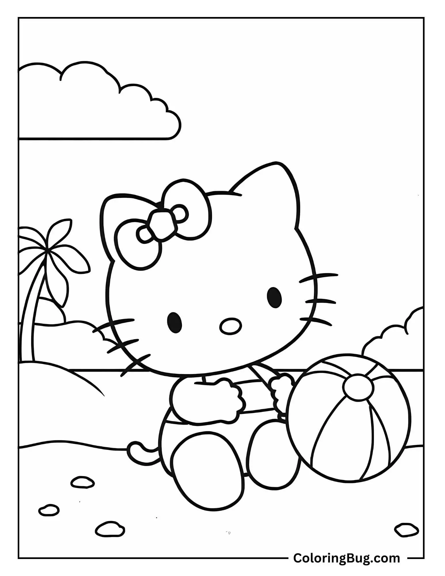 Hello Kitty Playing With a Beach Ball At The Beach Coloring Sheet