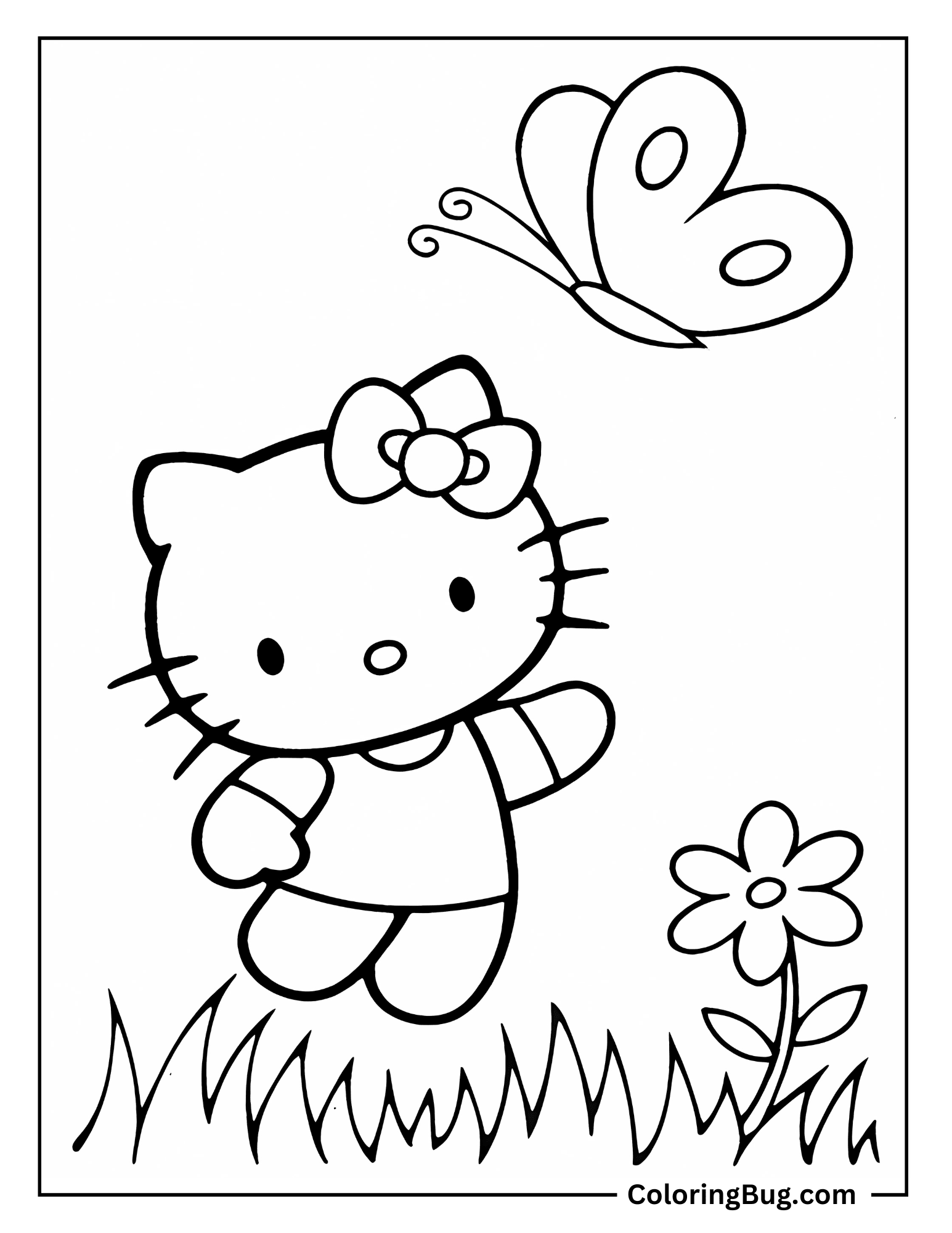 Hello Kitty Playing With a Butterfly Coloring Sheet