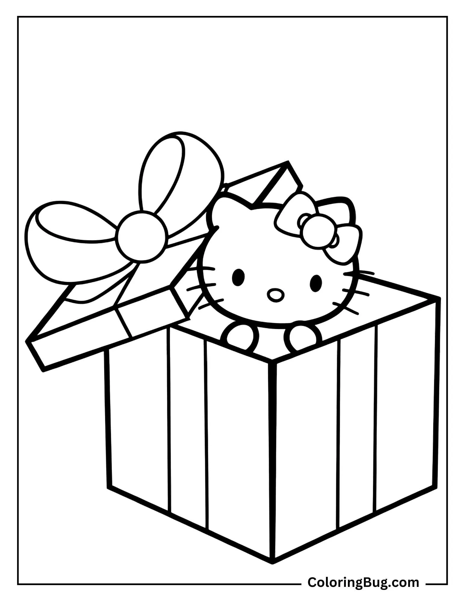 Hello Kitty Popping Out From Gift Box Coloring Sheet