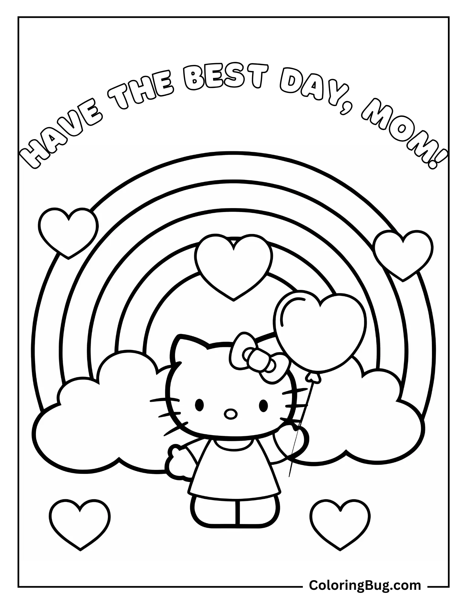 Hello Kitty Rainbow and Hearts Mother's Day Balloons Coloring Page