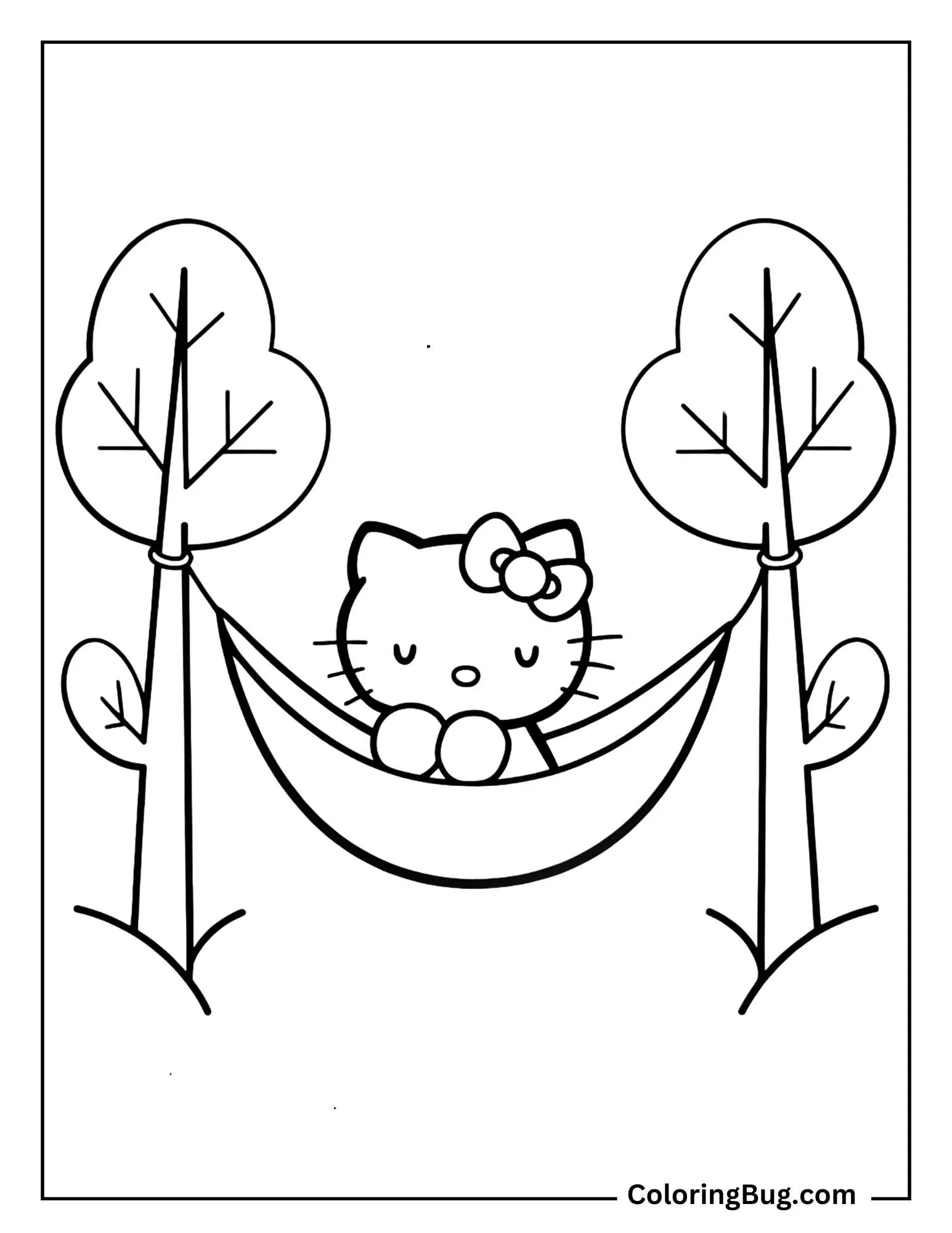 Hello Kitty Relaxing On a Hammock Surrounded By Fall Trees Coloring Sheet