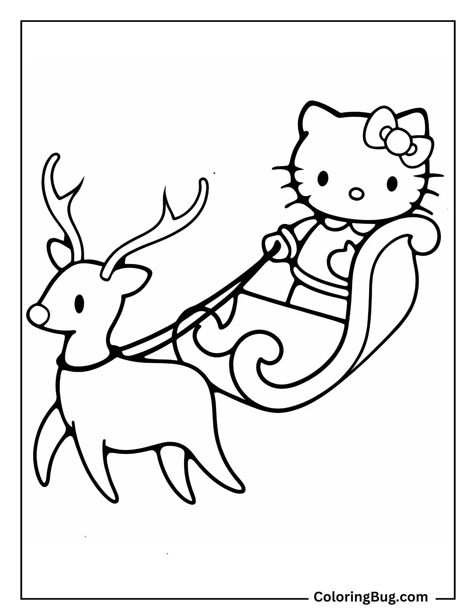 Hello Kitty wearing a big winter coat, walking through snowy trees.