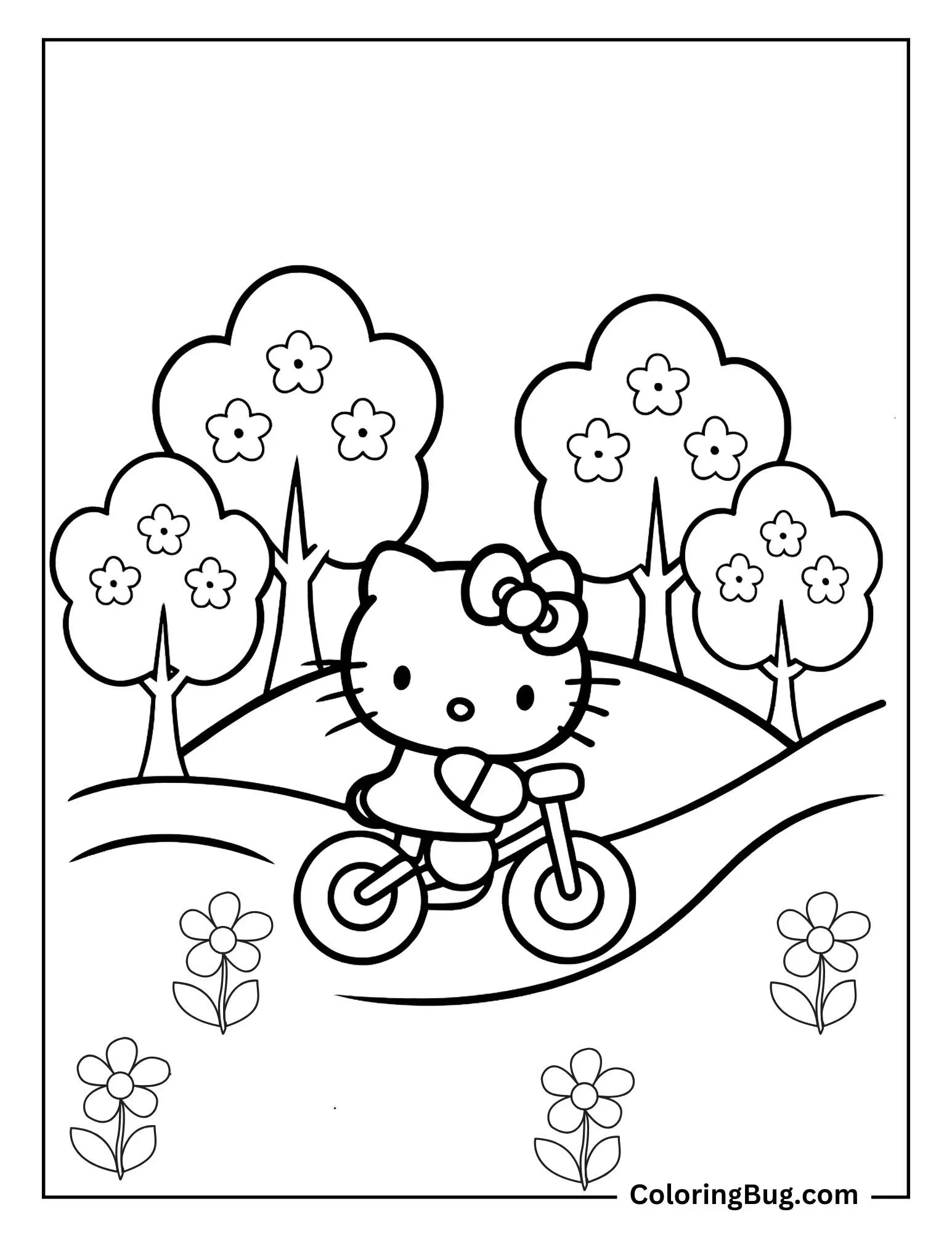 Hello Kitty Riding a Bike Through a Blooming Park Coloring Sheet
