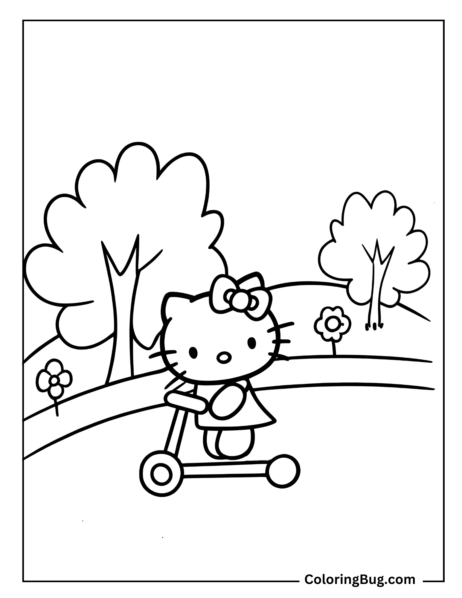 Hello Kitty Riding a Scooter Through a Park Coloring Sheet