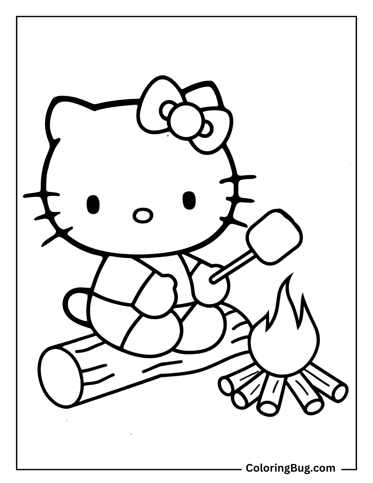 Hello Kitty Roasting Marshmallows By a Campfire Coloring Sheet