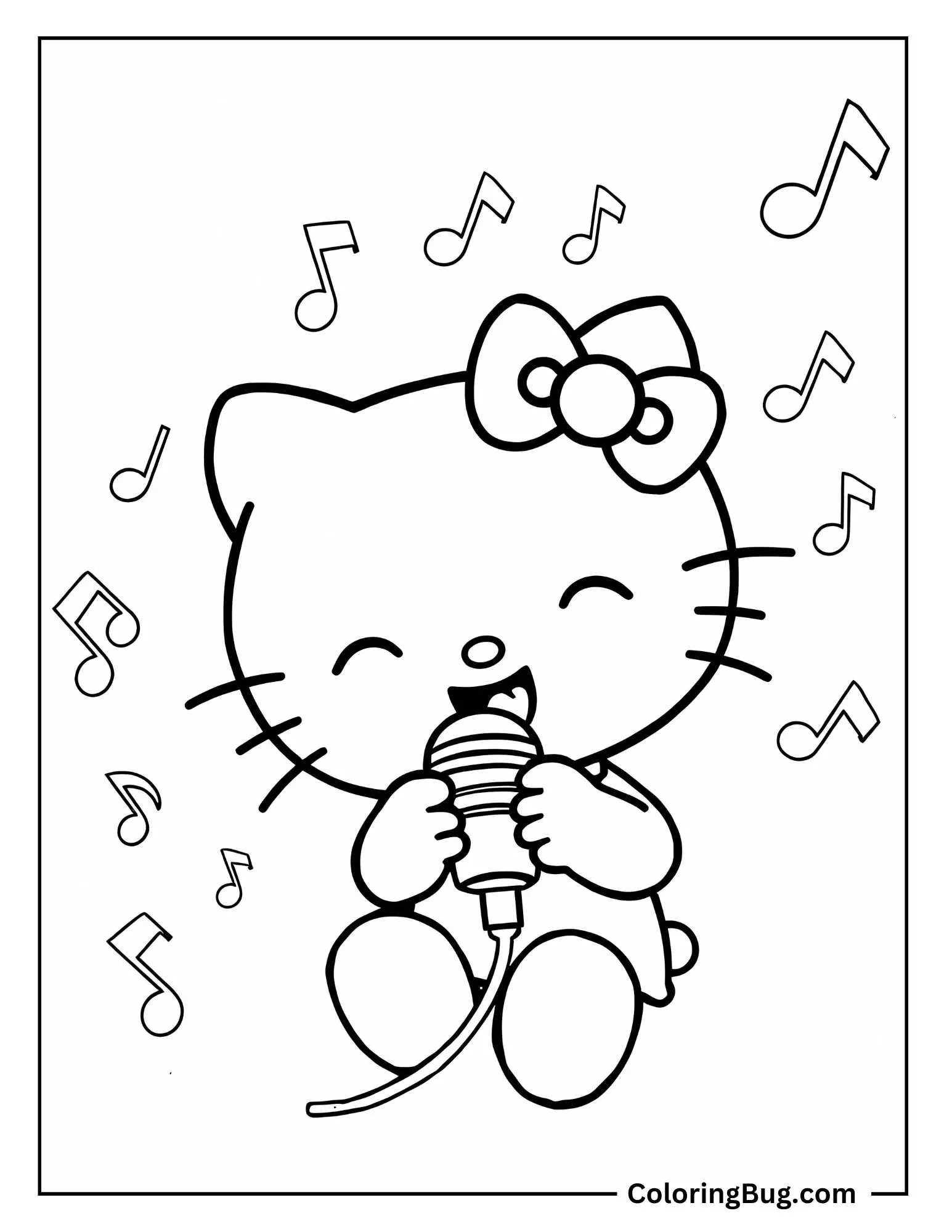 Hello Kitty Singing Her Heart Out With a Microphone Coloring Sheet