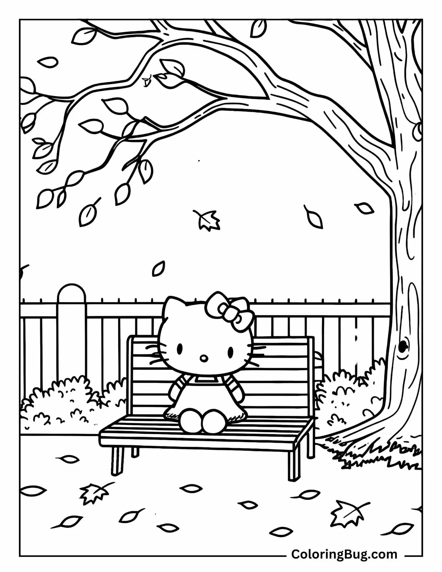 Hello Kitty Sitting On a Bench Under a Tree With Falling Leaves Coloring Sheet