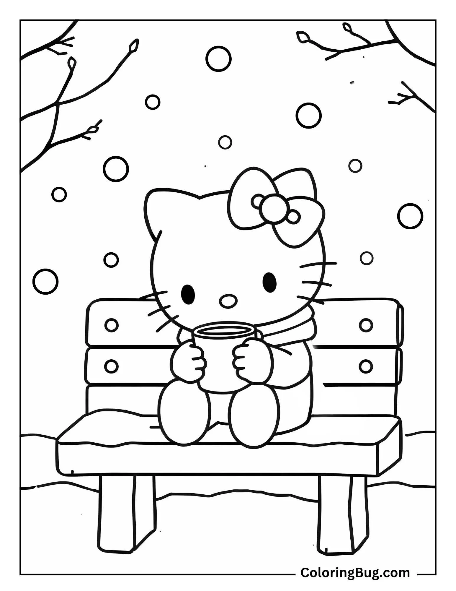 Hello Kitty Sitting On a Snowy Bench Drinking Cocoa Coloring Sheet