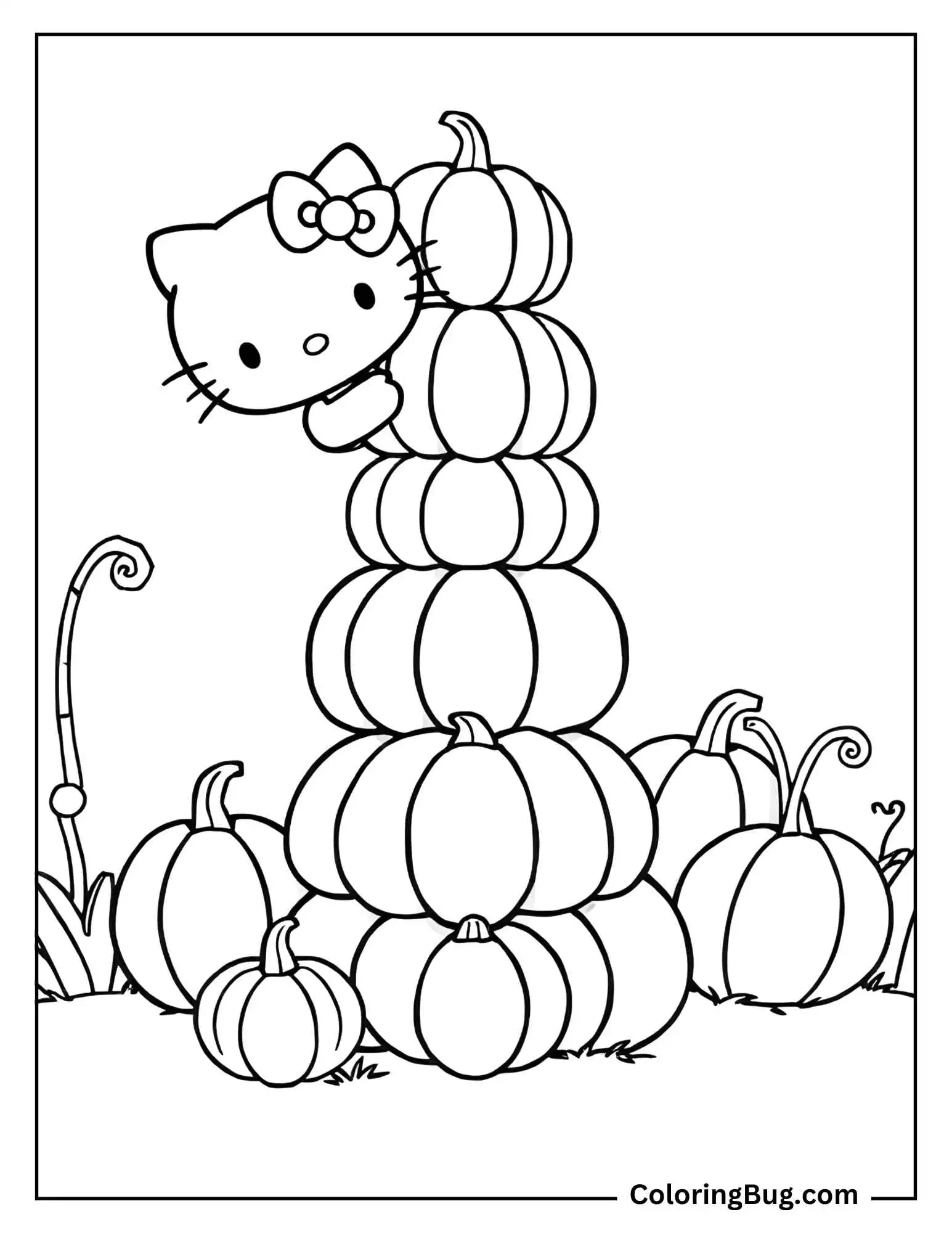 Hello Kitty Stacking Pumpkins into Tower Coloring Sheet