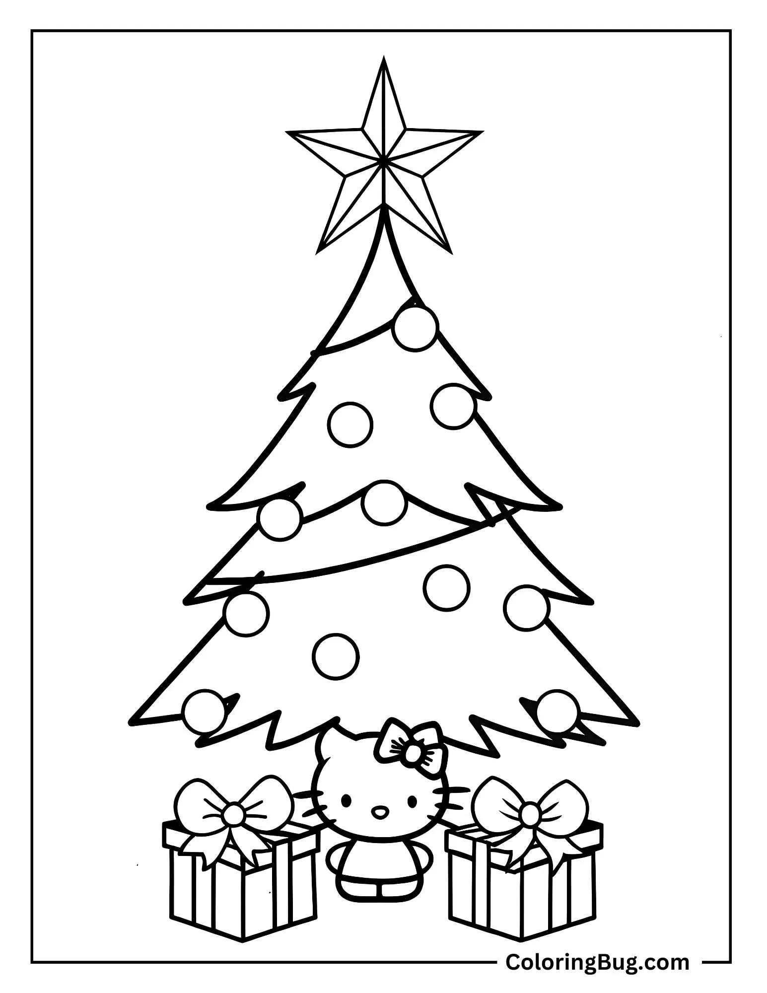 Hello Kitty Standing With Christmas Tree Coloring Sheet