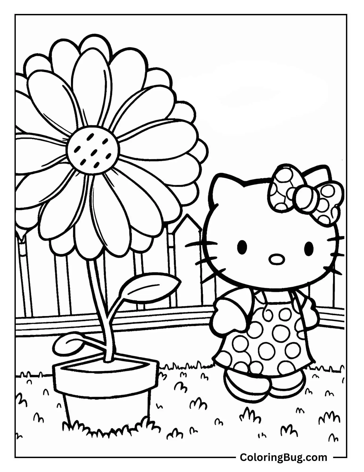 Hello Kitty Stands Happily Beside a Giant Daisy Coloring Sheet