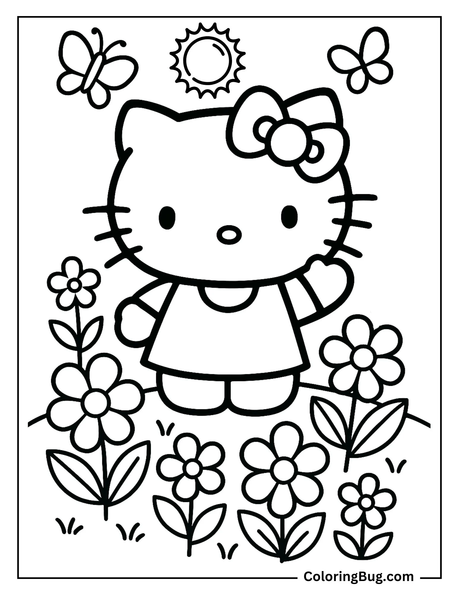 Hello Kitty Summer Flowers Coloring Page