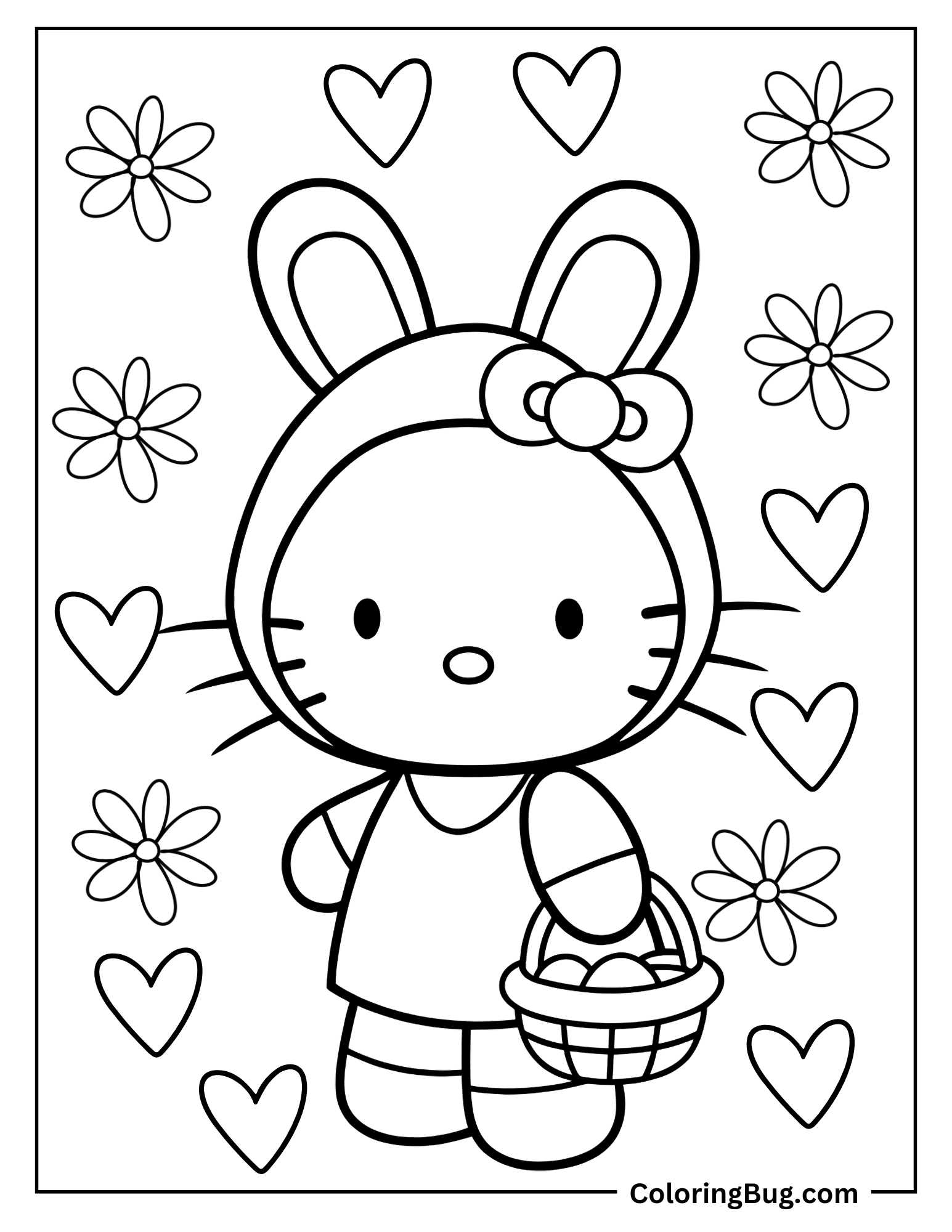 Hello Kitty Surrounded By Hearts And Flowers Coloring sheet