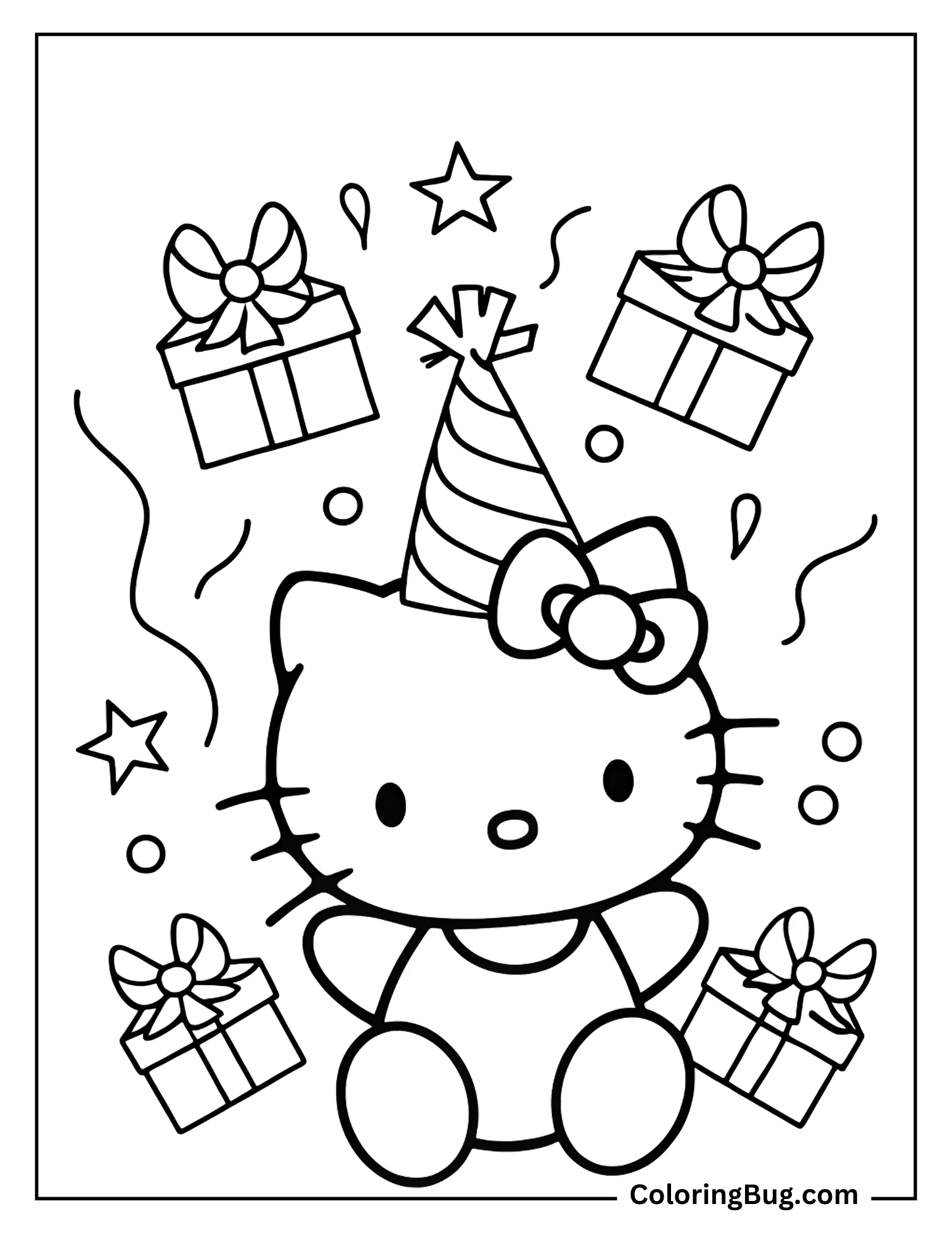 Hello Kitty Surrounded by Birthday Presents and Streamers coloring sheet