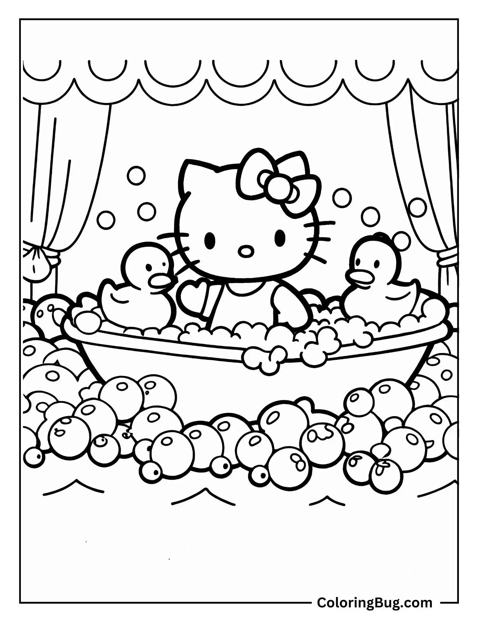 Hello Kitty Taking a Bubble Bath With Rubber Ducks Coloring Sheet