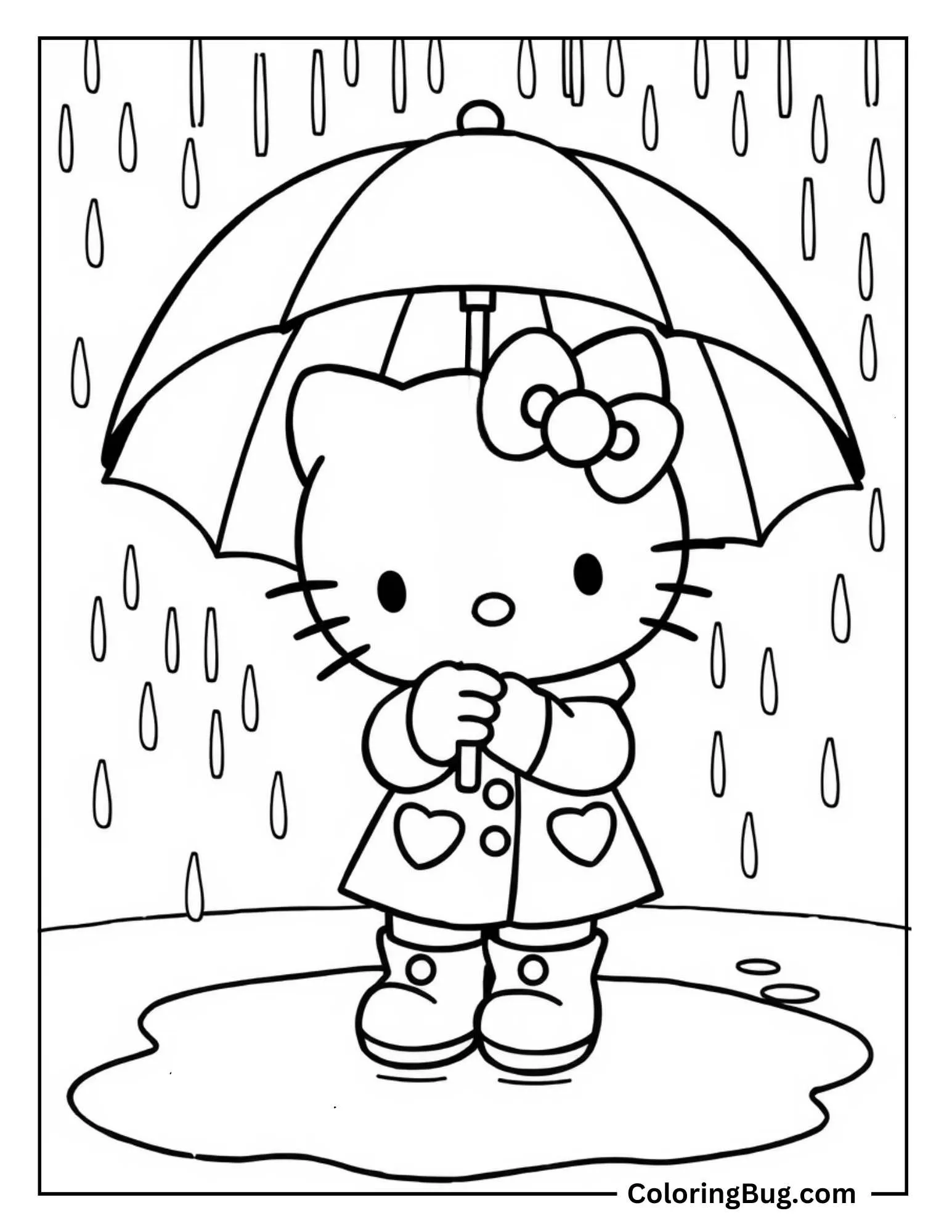Hello Kitty Under Her Big Umbrella As Raindrops Fall All Around Coloring Sheet