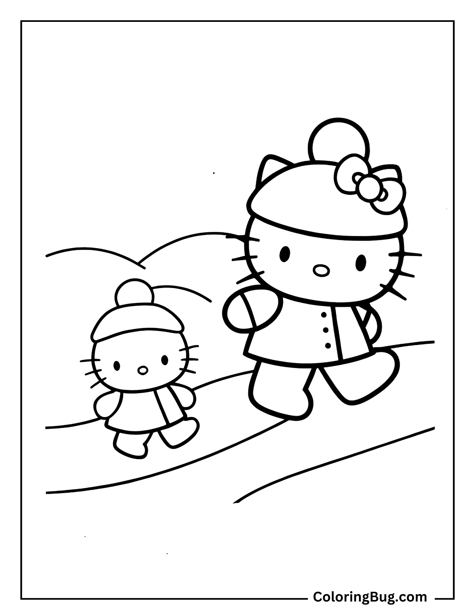 Hello Kitty Walking Through The Snow With Her Pet Kitty Coloring Sheet