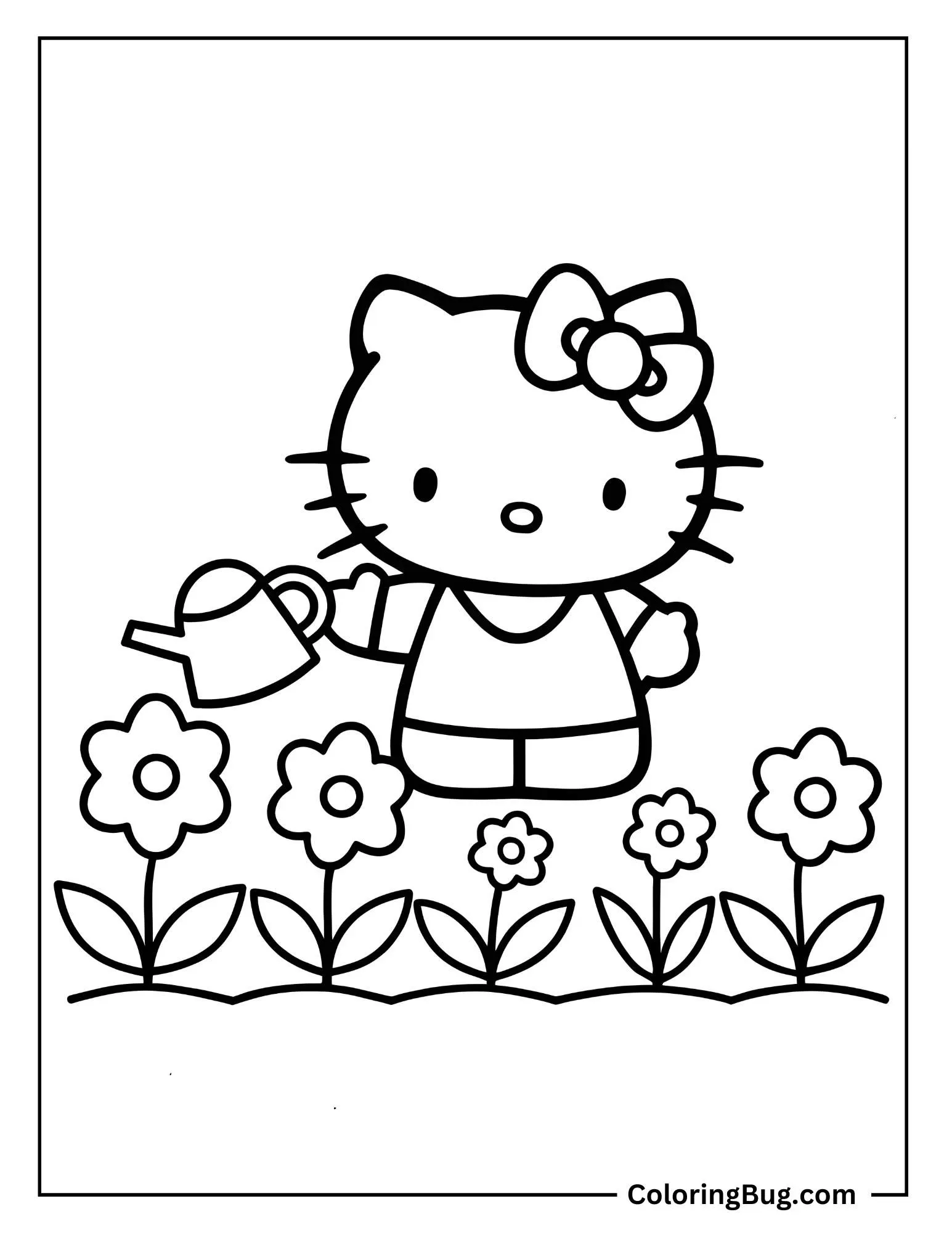 Hello Kitty Watering Her Flower Garden Coloring Sheet