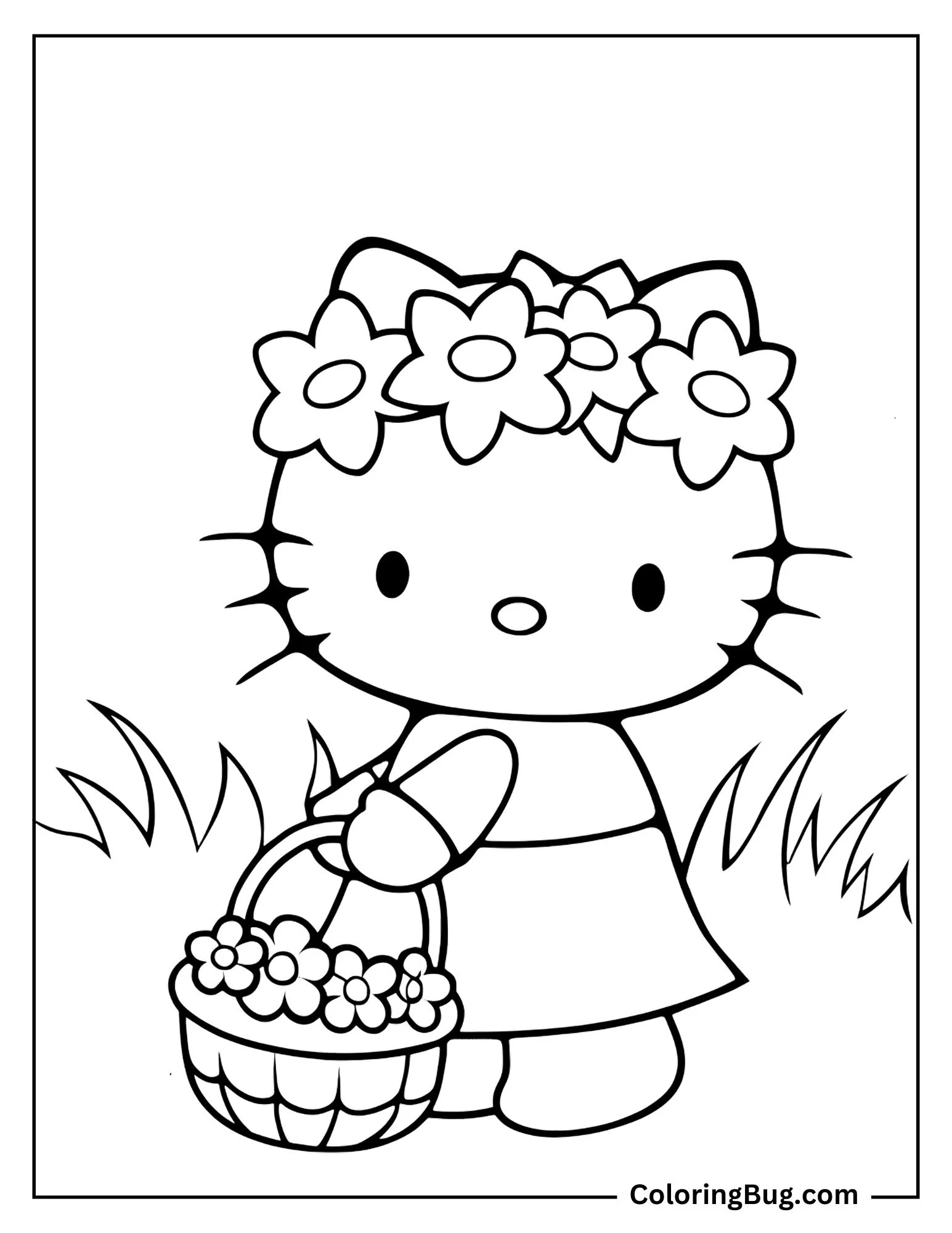 Hello Kitty Wearing Flowers Crown Holding Flowers Basket Coloring Sheet