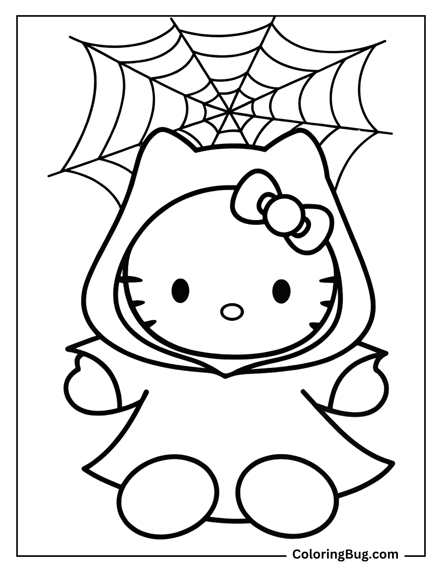 Hello Kitty Wearing Ghost Costume, Surrounded by Cobwebs Coloring Sheet