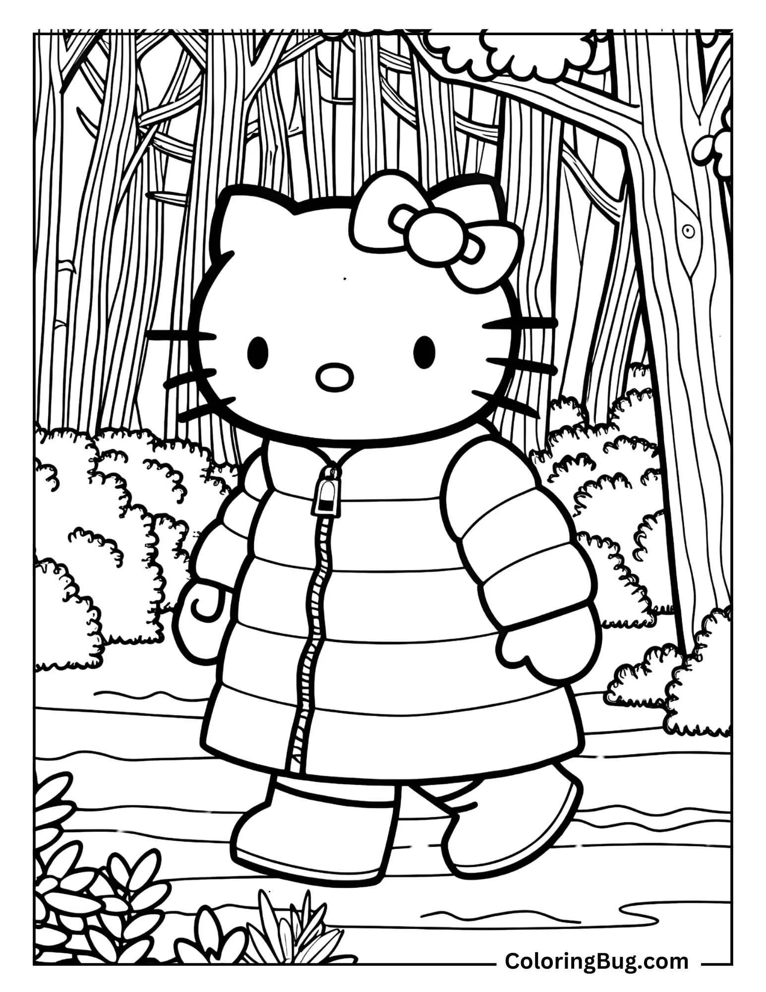 Hello Kitty Wearing Long Coat Walking Through Snowy Trees Coloring Sheet