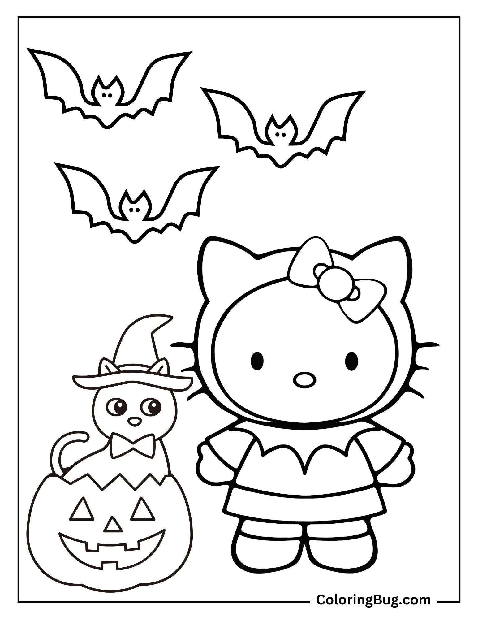 Hello Kitty With Black Cat Surrounded By Bats Coloring Sheet