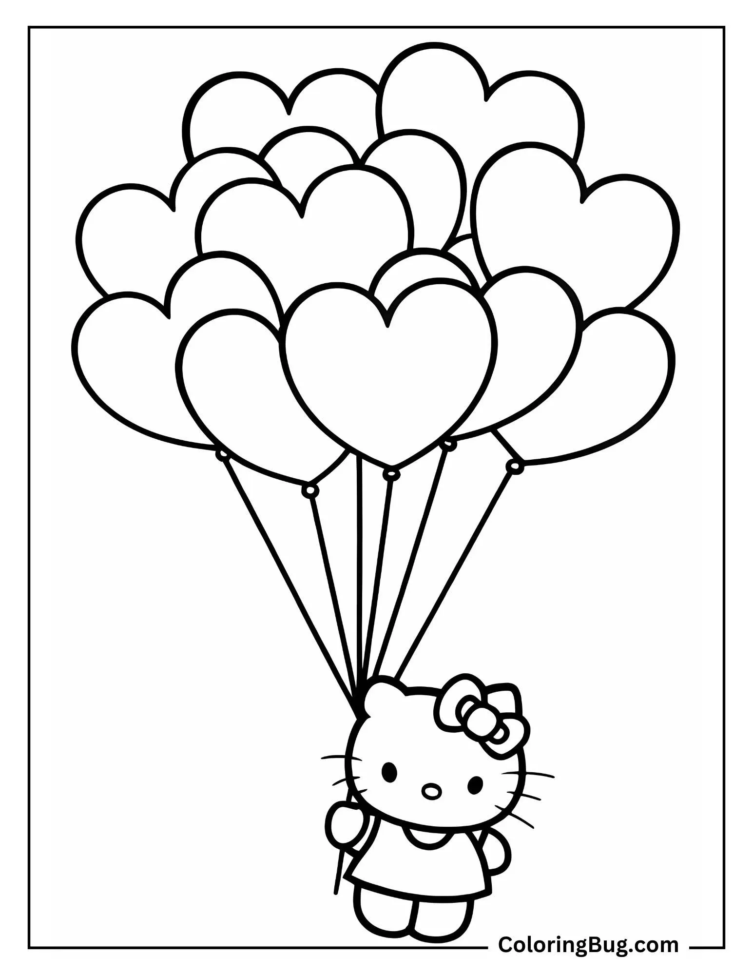 Hello Kitty With Bunch of Heart Balloons Coloring Sheet