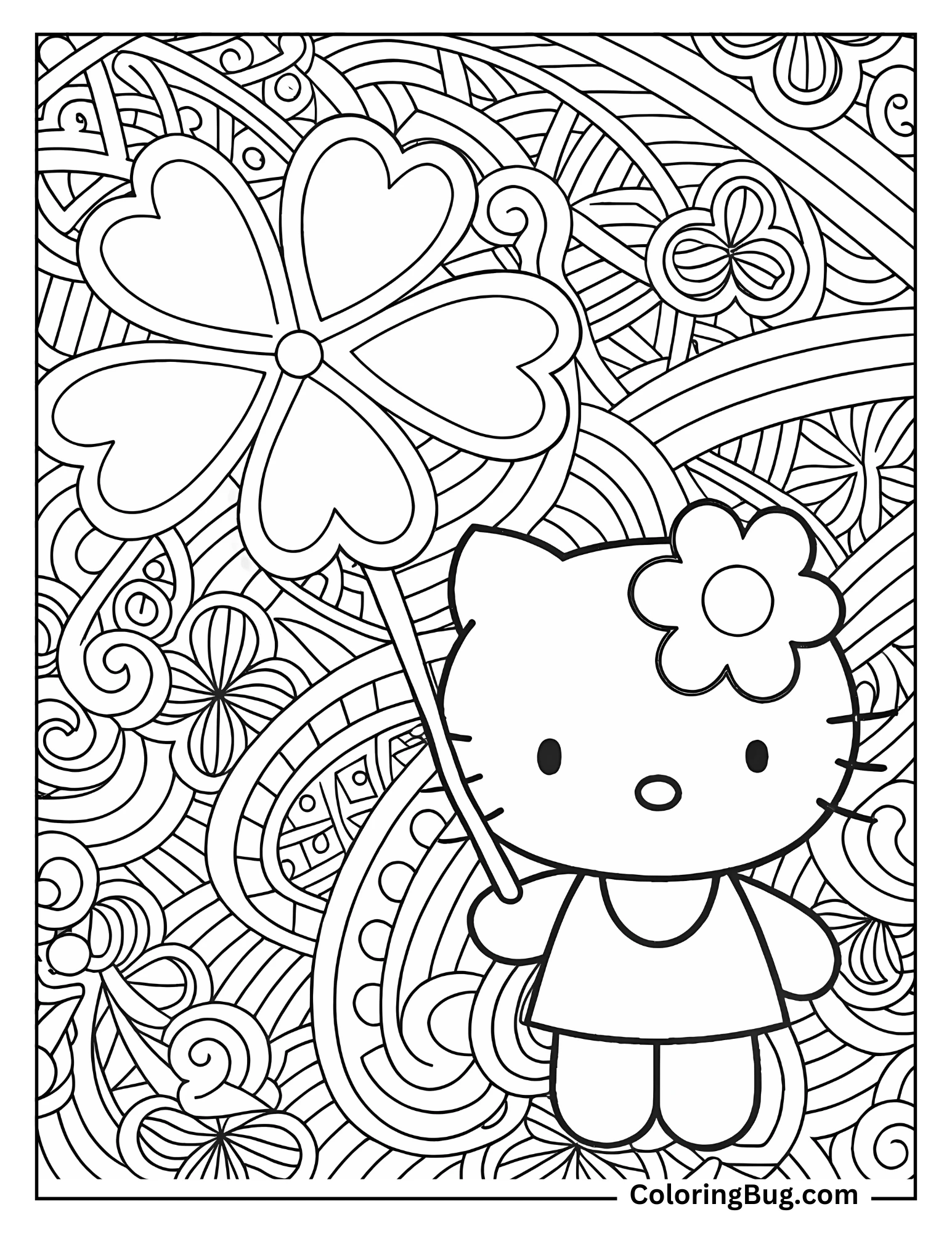 Hello Kitty With Clover Mandala Coloring sheet