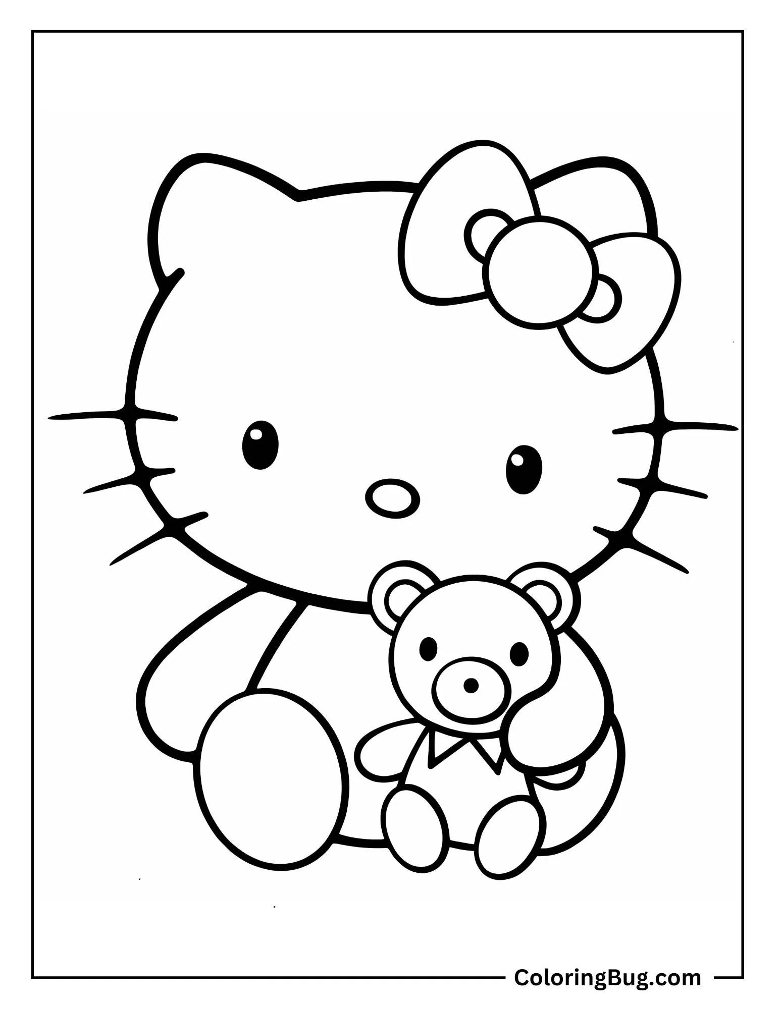 Hello Kitty With Cute Teddy Bear Coloring Sheet